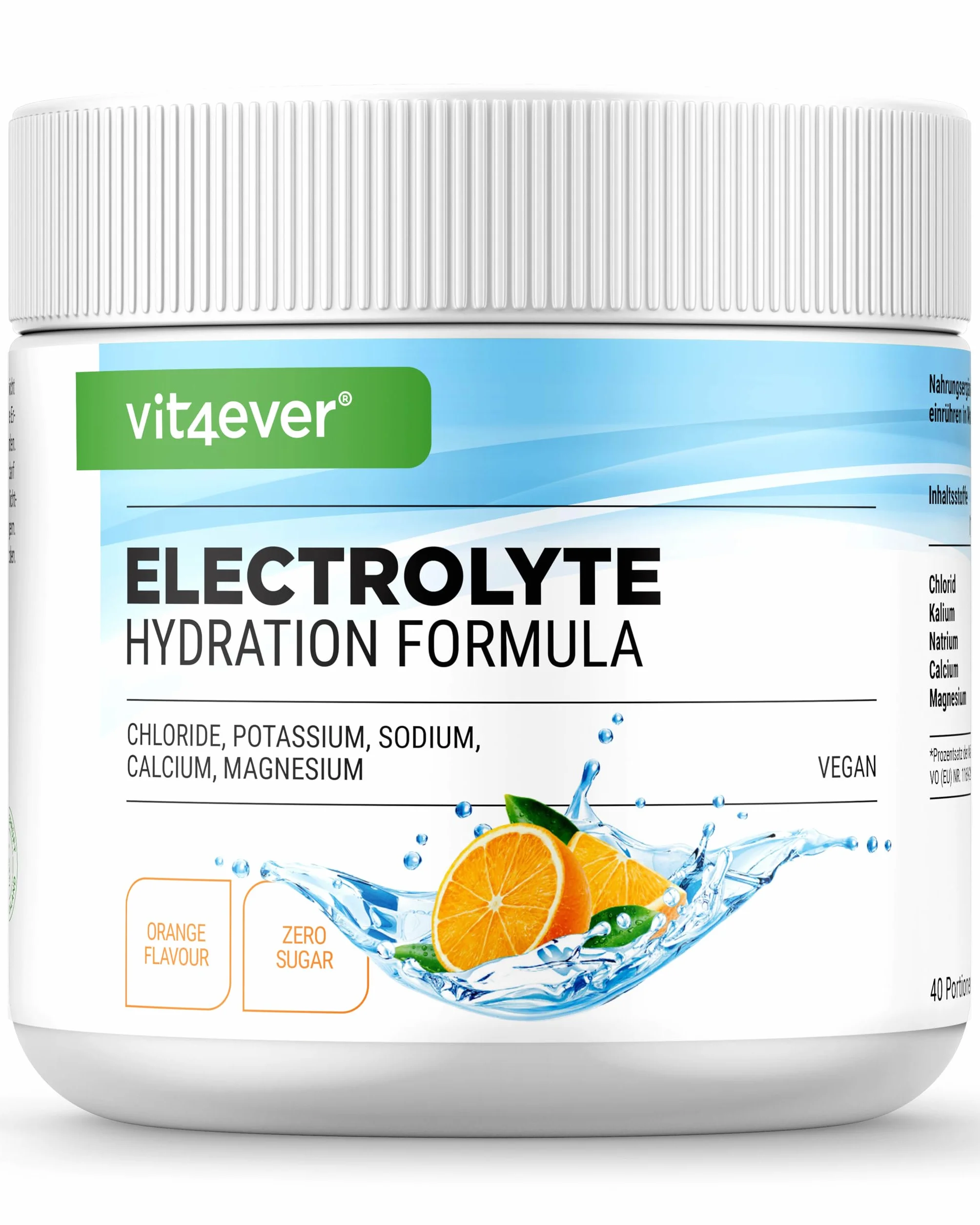 vit4ever Electrolitos 200 g 40 Porciones Fórmula de Hidratación Sin Azúcar Vegano Sabor Naranja