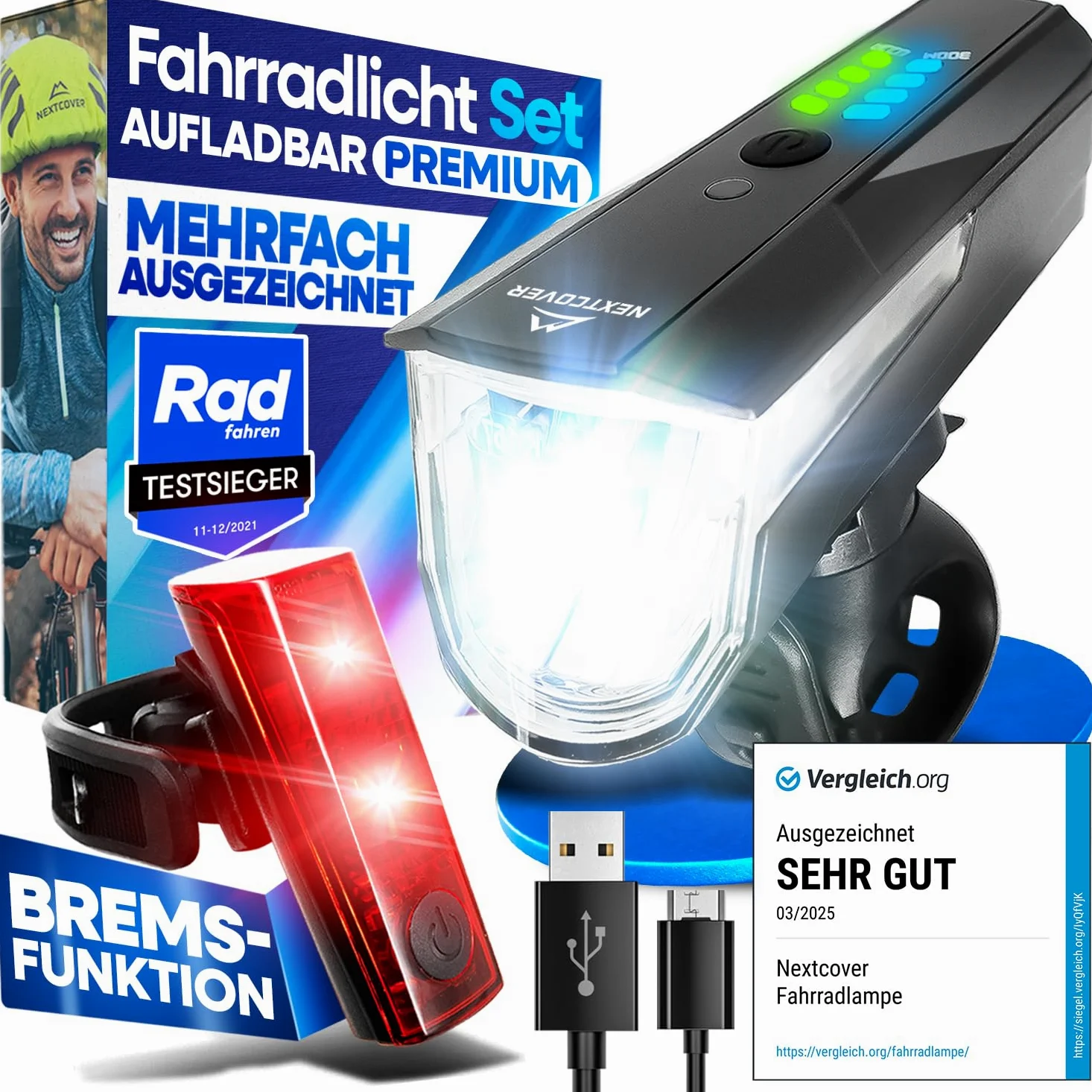 NEXTCOVER® Juego de luz para bicicleta con sensor LightSense y batería de 11 horas, recargable por USB e impermeable, homologada por StVZO, luz LED delantera para bicicleta, luz trasera y luz trasera