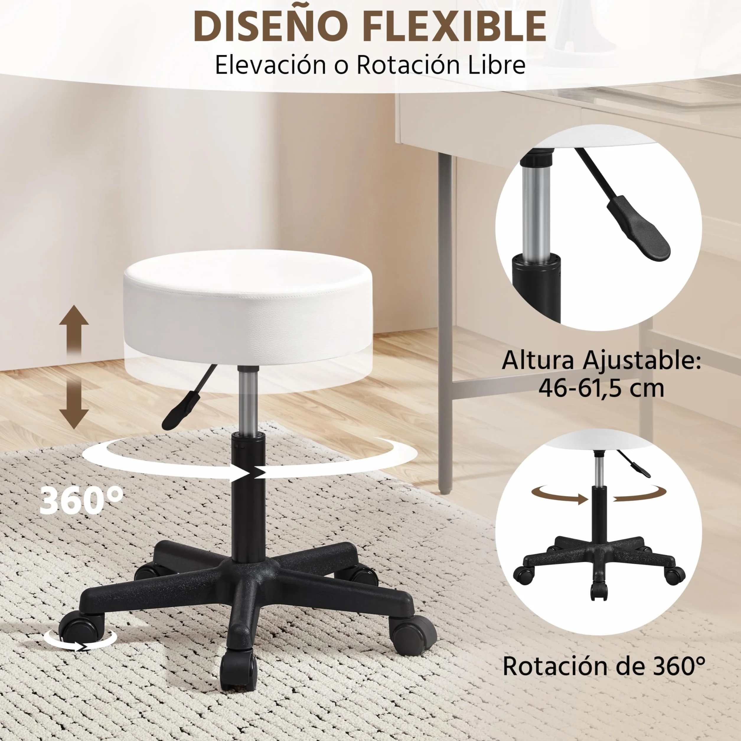 Yaheetech Taburete de Bar Giratorio Regulable en Altura con Ruedas Cubierta PU Blanco