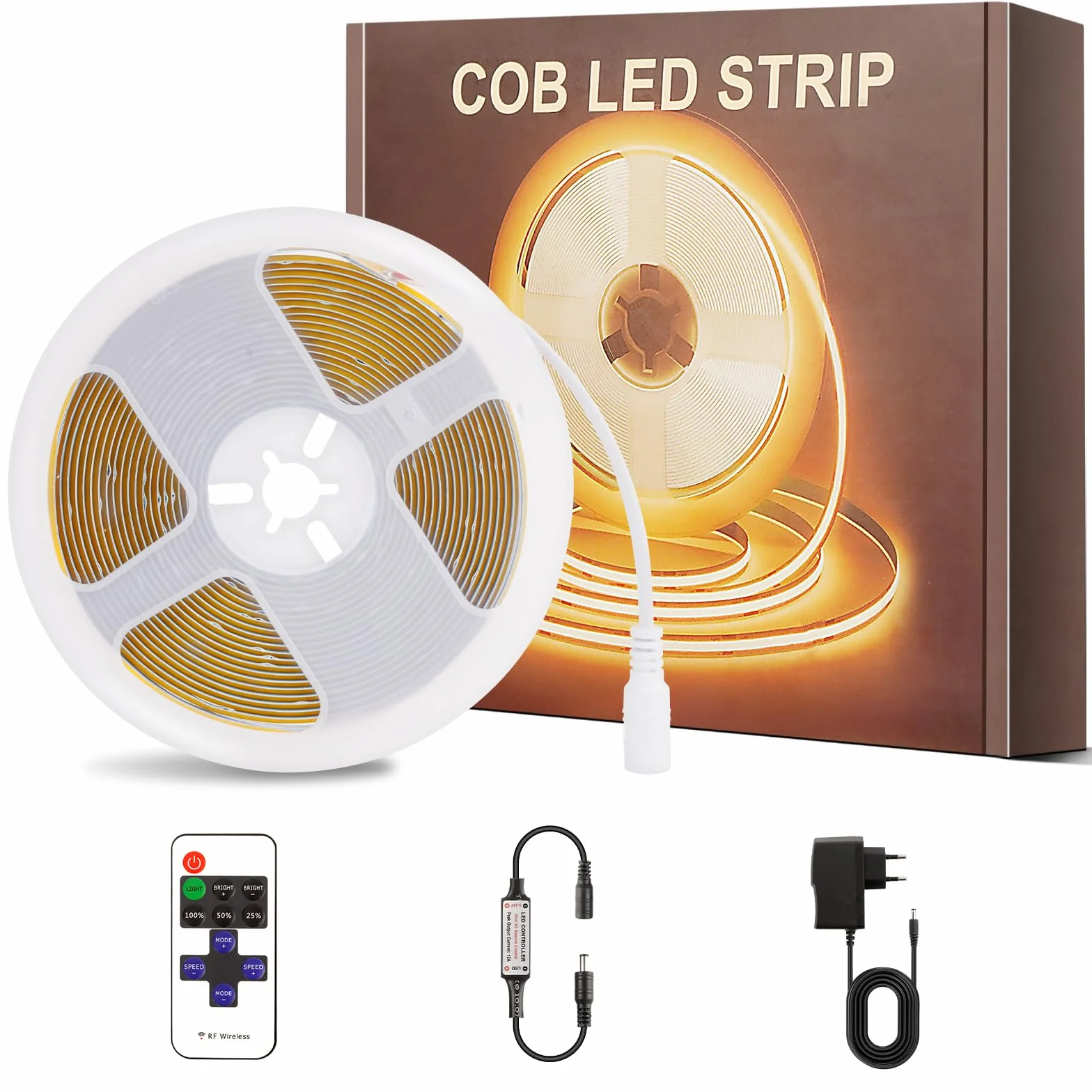PSTAR Cob Tira Led 4M Blanco Cálido 2700K Regulable Con Fuente De Alimentación Y Control Remoto 320 LED/m