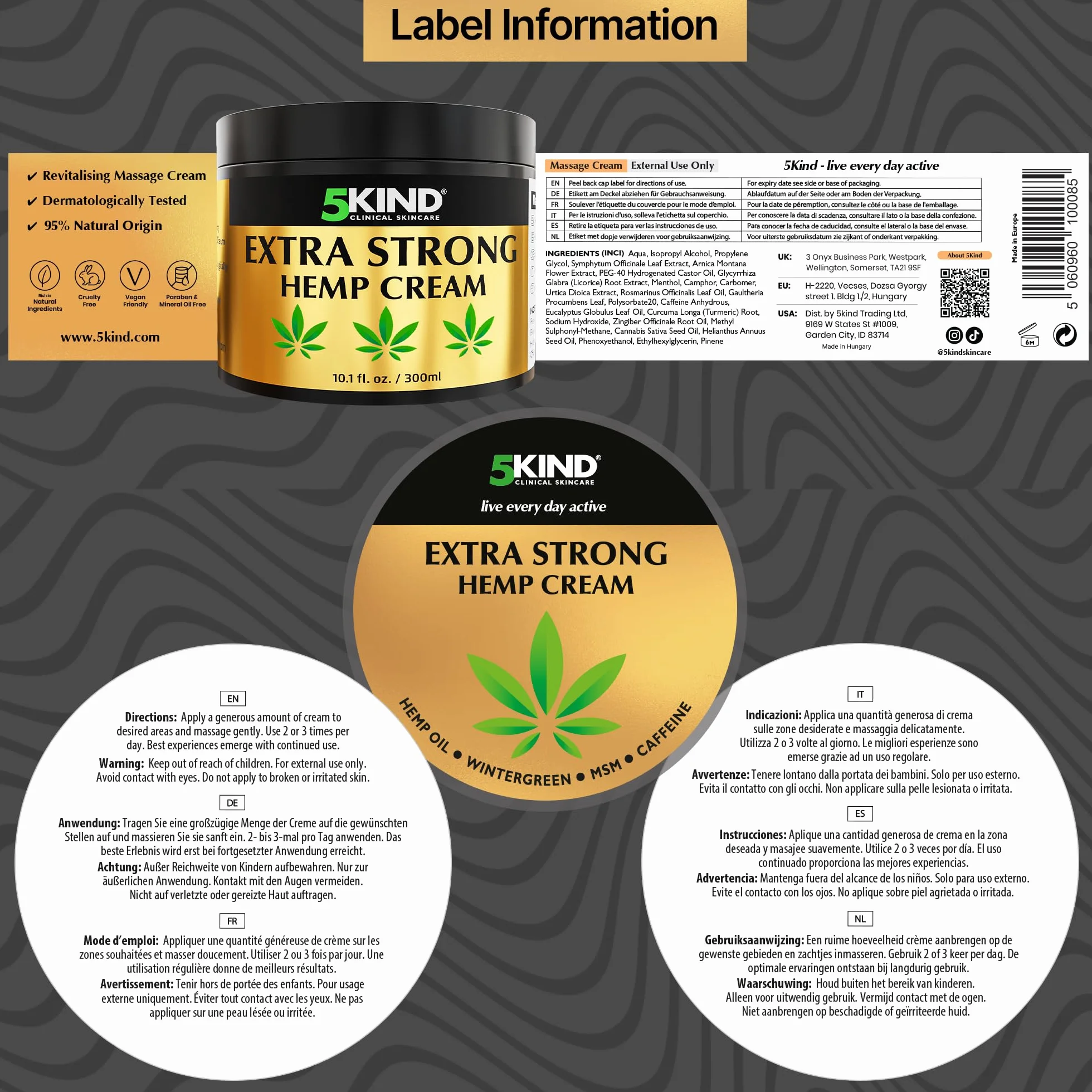 5kind Crema de cáñamo extra fuerte 300 ml - Crema de aceite de cañamo y árnica - Rica en extractos naturales
