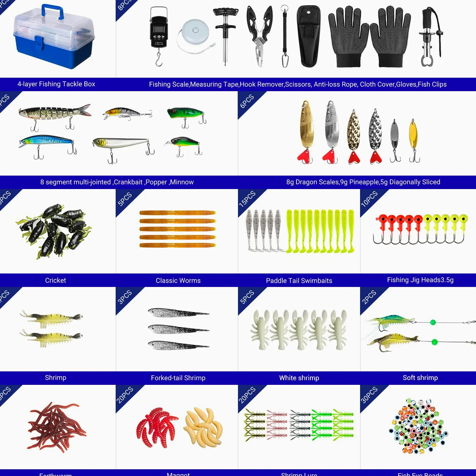 Caja de aparejos de 4 capas con accesorios, kit de 617 señuelos de pesca, incluye regla, guantes, herramientas, cebo, ganchos y accesorios, kit de señuelos de pesca de trucha de agua dulce y agua de