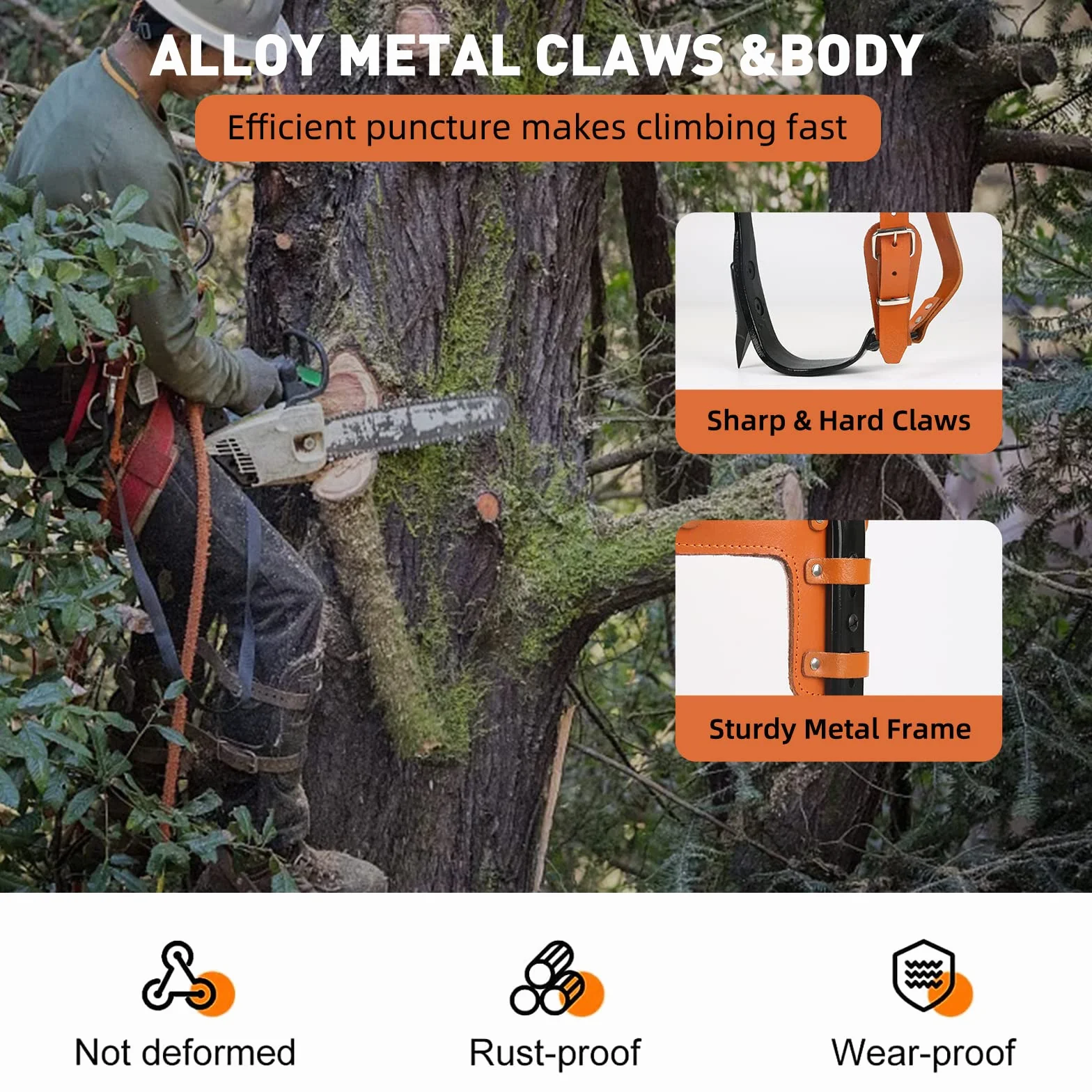 Equipo de escalada de árboles, crampones, altura ajustable y con correa de piel de vacuno, crampones de árbol, artefacto antideslizante para acampar en el bosque, recolección de frutas
