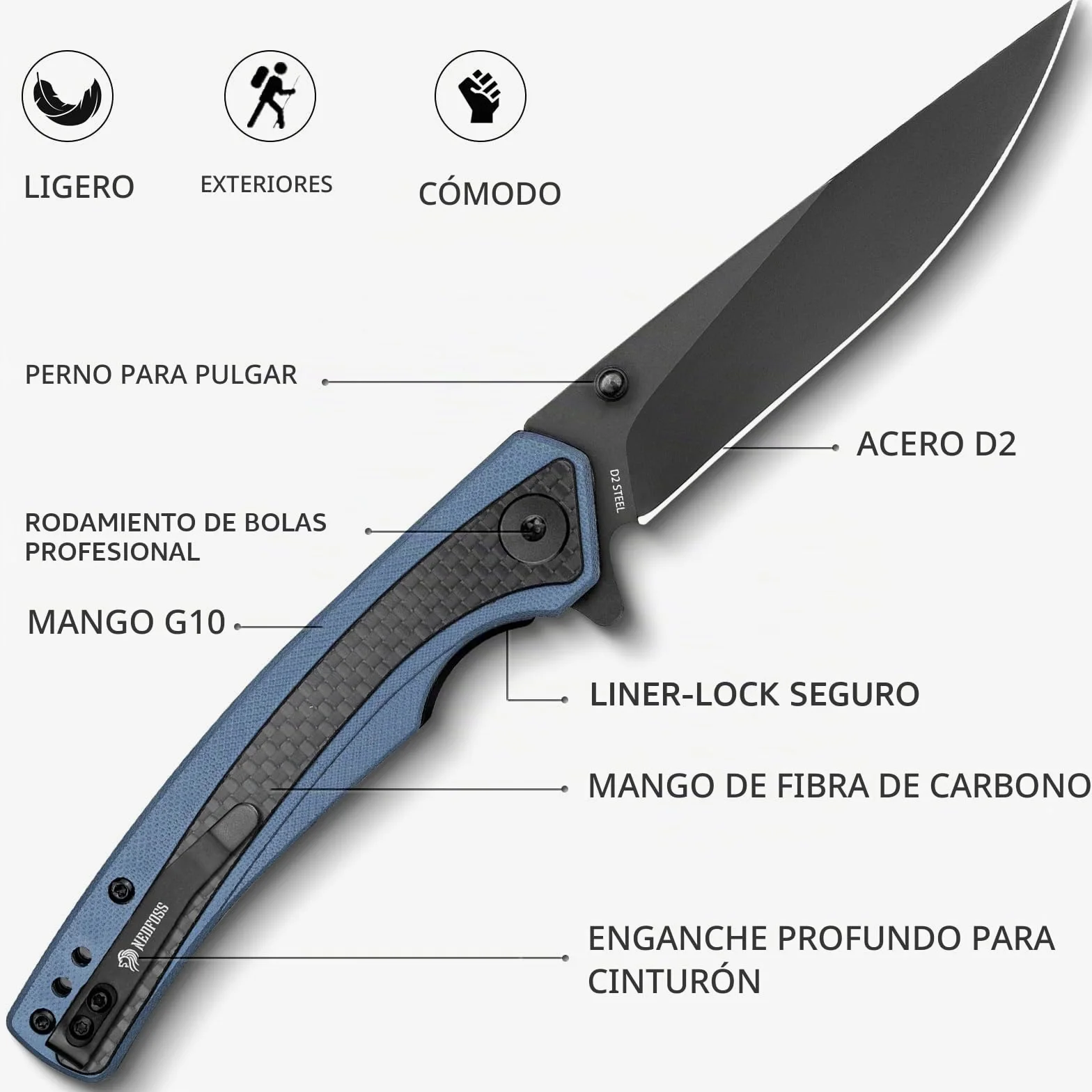 NedFoss Afilada navaja plegable, navaja de bolsillo con clip, cierre de forro seguro, Cuchillo de una mano de acero d2, adecuada para camping, Adecuado para camping, senderismo