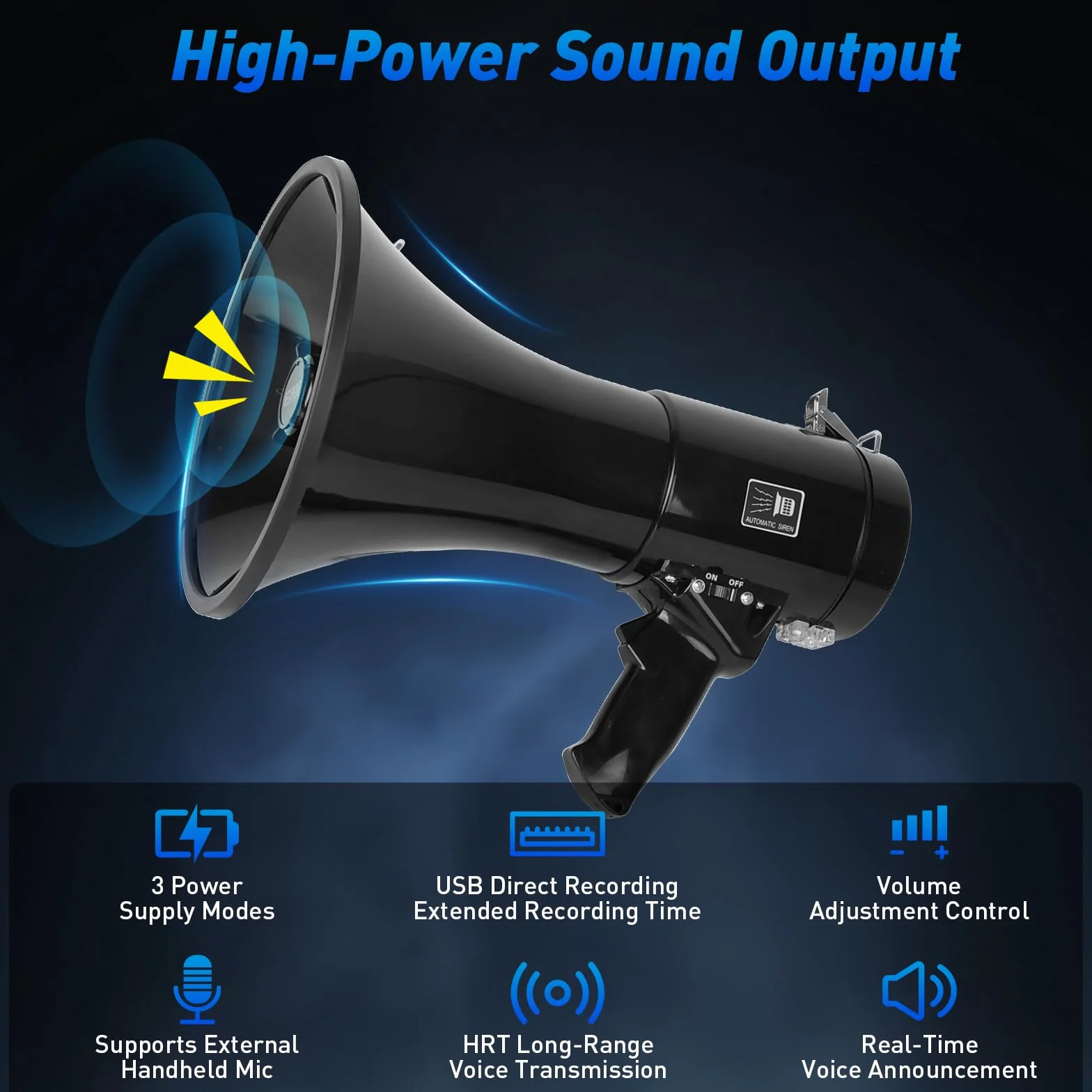 JAOGAUS Megáfono 100W con Bluetooth, Grabación, Sirena, Micrófono Externo, USB, Doble Alimentación