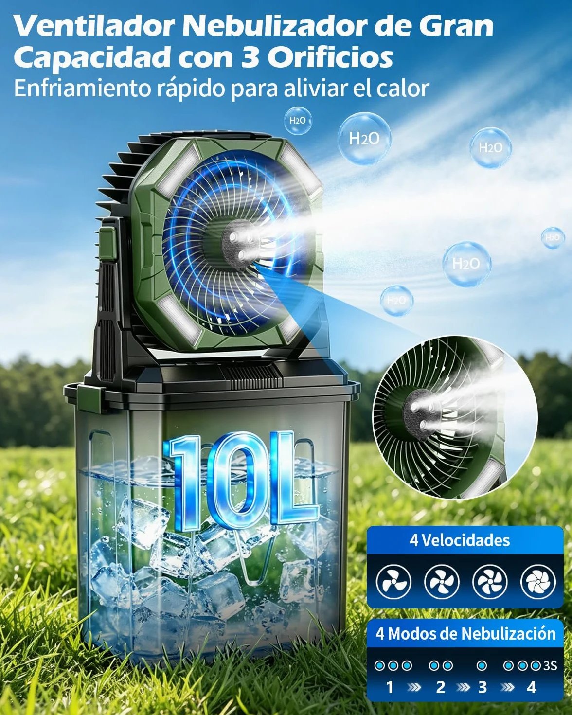yAyusi 10L Ventilador Nebulizador Portátil Grande para Exteriore con Luz RGB, 3-en-1 20000mAh Ventilador Recargable con Control Remoto y Temporizador,4 Velocidade Modo Pulverización para Patio (Verde)