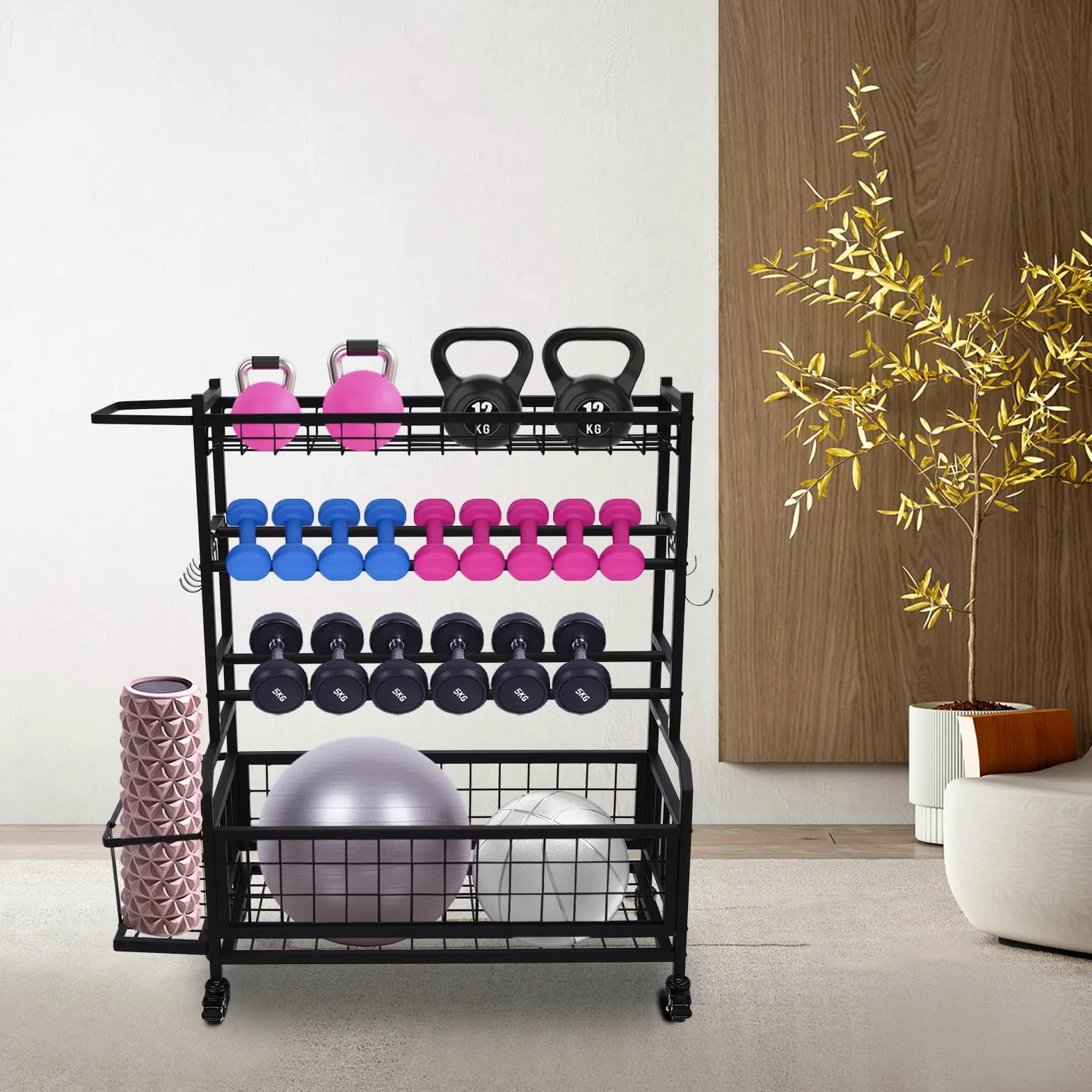 Soporte de pesas para gimnasio en casa, mancuernas, soporte para mancuernas con ruedas, para gimnasios, estudios de yoga, color negro, 102,5 x 40 x 105,6 cm