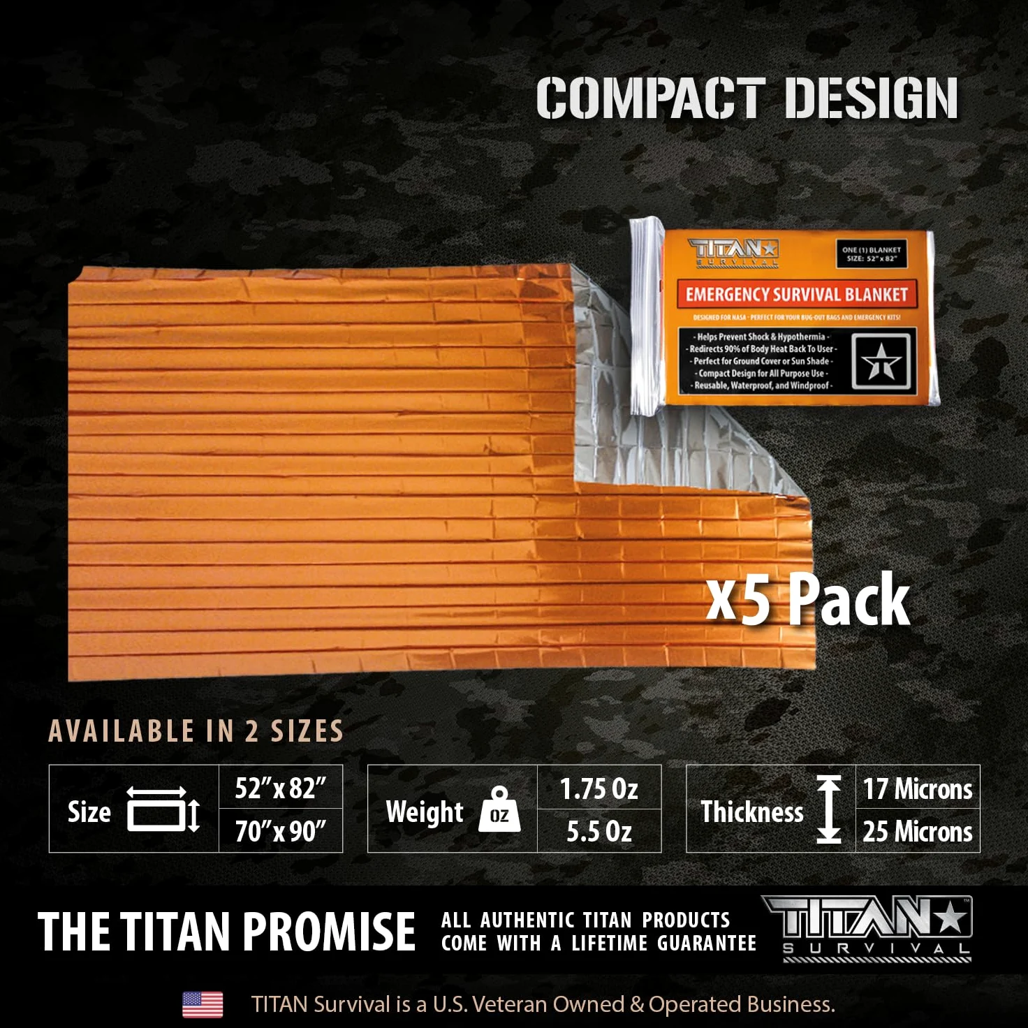 TITAN Survival Mylar - Paquete de 5 mantas de supervivencia de 70 x 90 pulgadas, XL, 90% de retención de calor y diseño impermeable, manta de emergencia, protección para clima frío y kits de