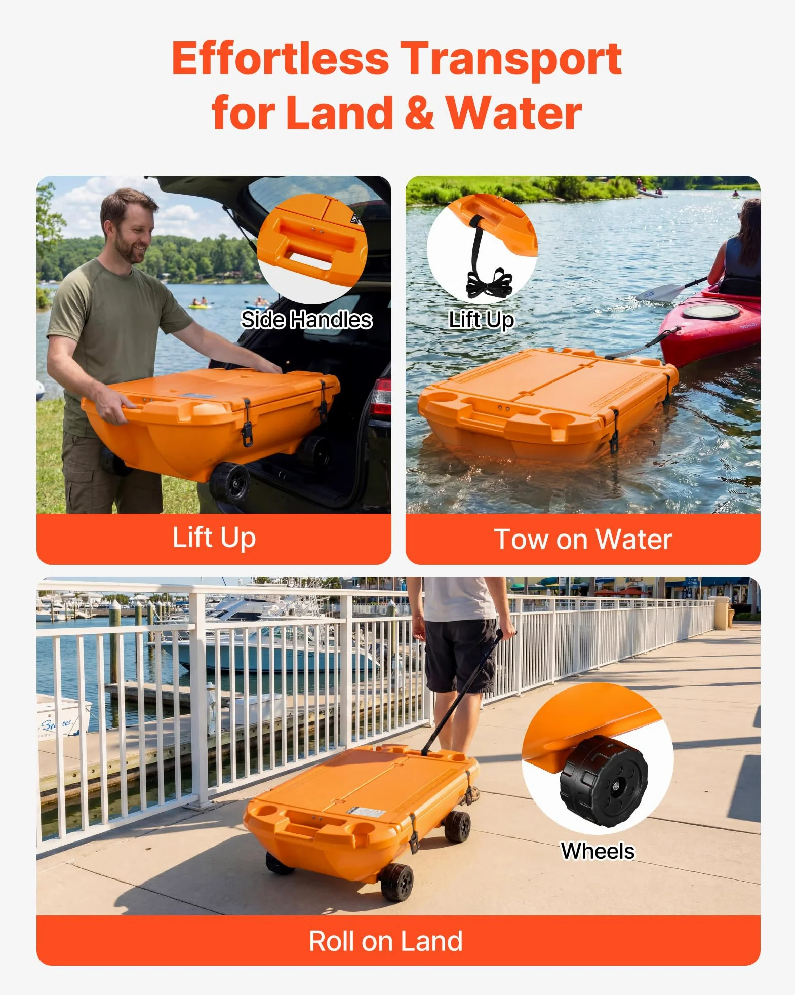 VEVOR Nevera Flotante 37,9 L Enfriador Flotante para Agua y Tierra con Ruedas, Portavasos, Carcasa Rígida Aislada, Cuerda de Remolque, Asas Laterales para Piscina Playa Bebida Barco, Color Naranja