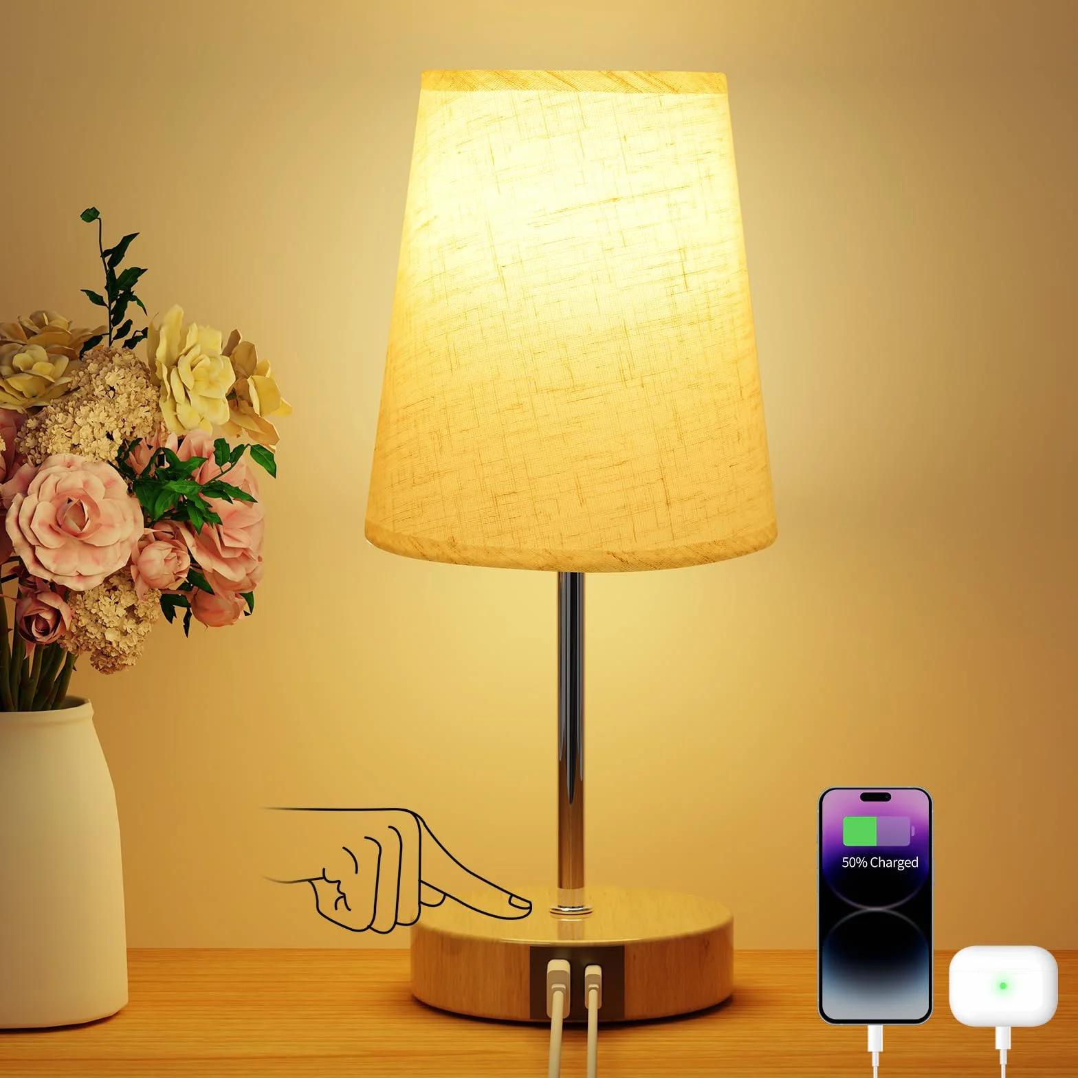 Suright Lámpara de Mesita de Noche Táctil con USB A+C, Regulable 3 Niveles Brillo, Pequeña para Dormitorio