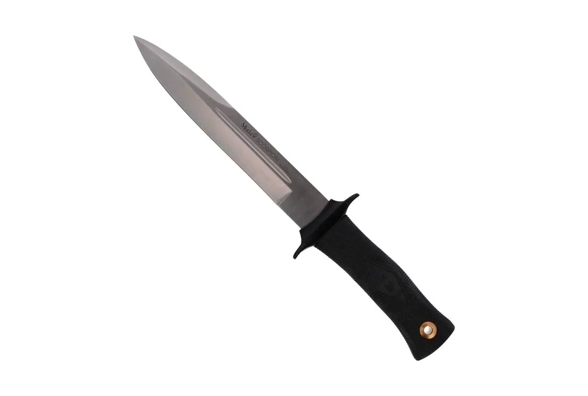 Muela Cuchillo SCORPION-19W hoja de acero ACX-380 de 19 cm y empuñadura de goma para Caza, Pesca, Supervivencia y Bushcraft Realizado en Ciudad Real + Portabotellas de regalo