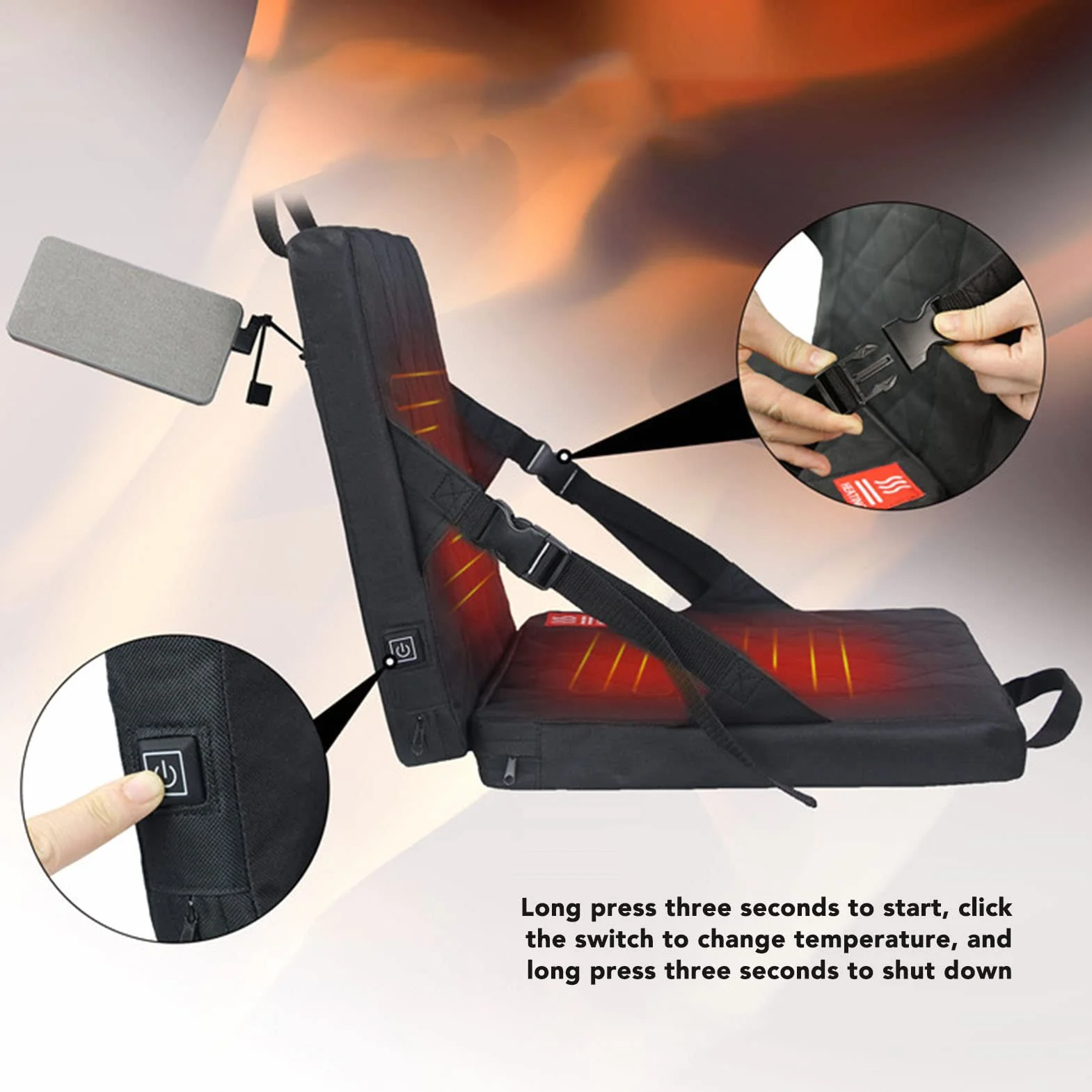 Asientos Calefactables para Estadios, Cojín De Asiento Portátil Plegable De 15x13x13 Pulgadas Asiento De Grada Recargable Ajustable En Temperatura con Respaldo para Camping Caza