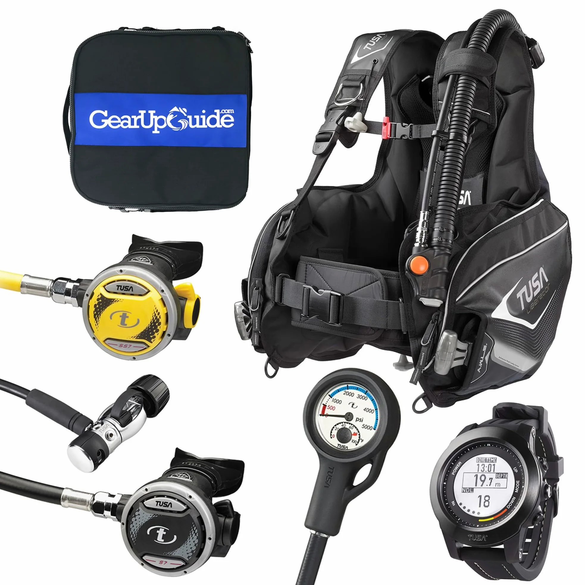 TUSA Paquete completo de equipo de buceo, conjunto de reguladores montados BCD y bolsa de registro GUpG para computadora de buceo, tamaño mediano