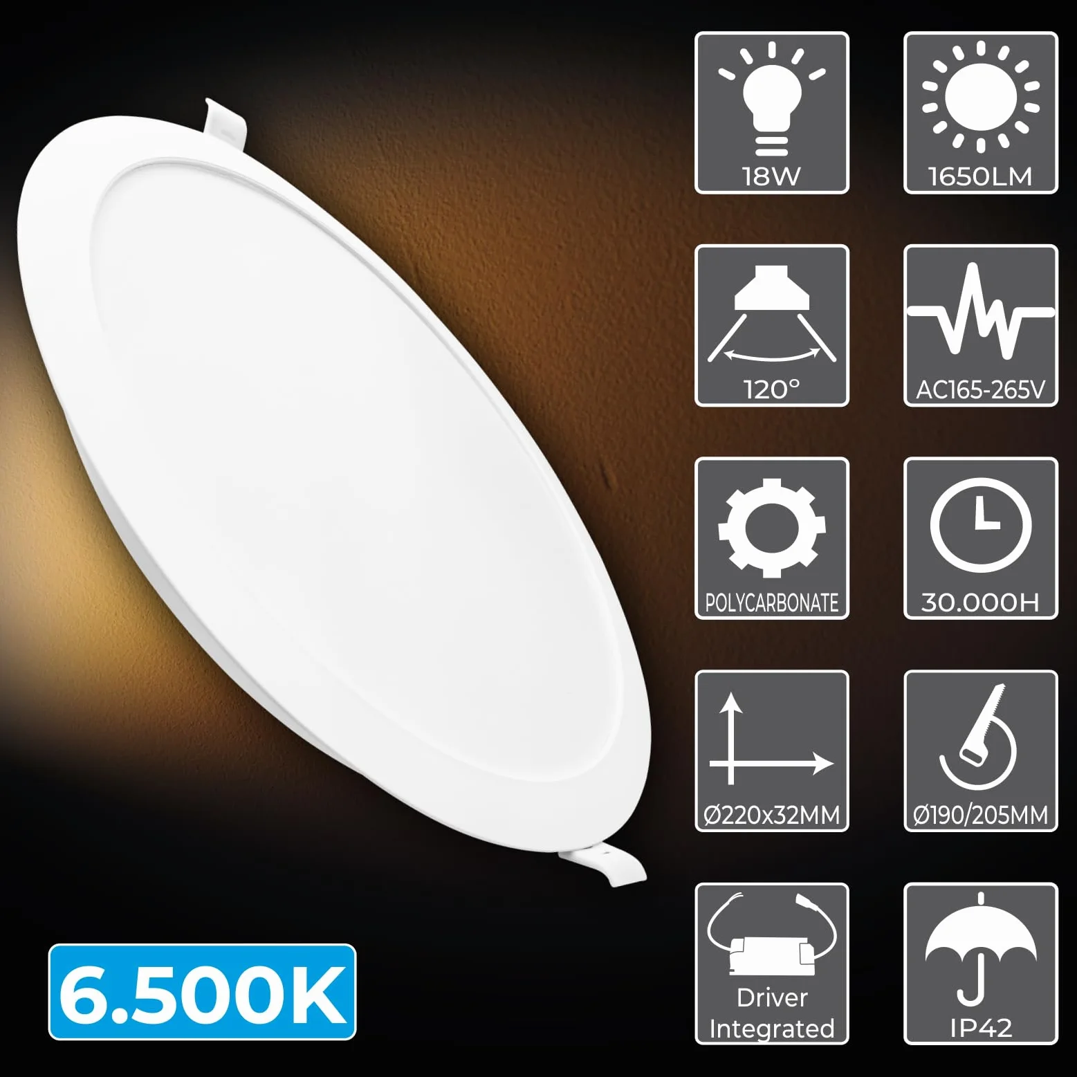 LED ATOMANT Downlight Panel Redondo 18W 6500K 1650lm 220mm Blanco Frio