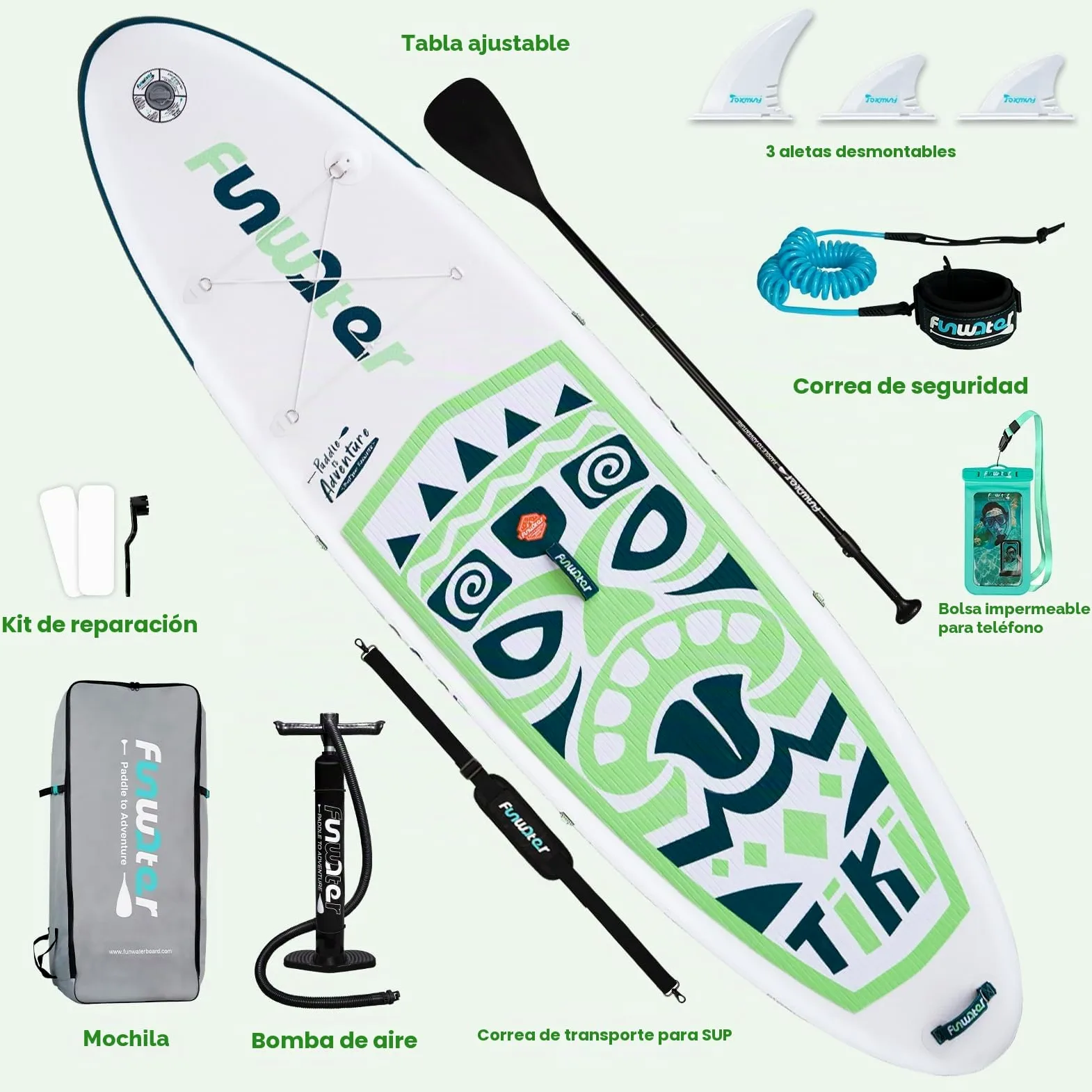 FunWater Tabla de Surf Hinchable de pie para Tabla de Surf Sup, Accesorios de Remo Ajustable, Bomba, Mochila de Viaje ISUP, Correa, Bolsa Impermeable, Tabla de Paddle para Adultos