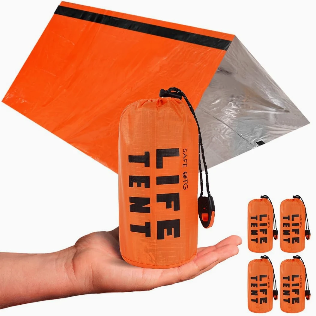 4 Life - Kit de supervivencia para tienda de campaña de emergencia para 2 personas, color naranja, impermeable, tubo térmico, lona con silbato y cuerda de paracaídas para coche, actividades al aire