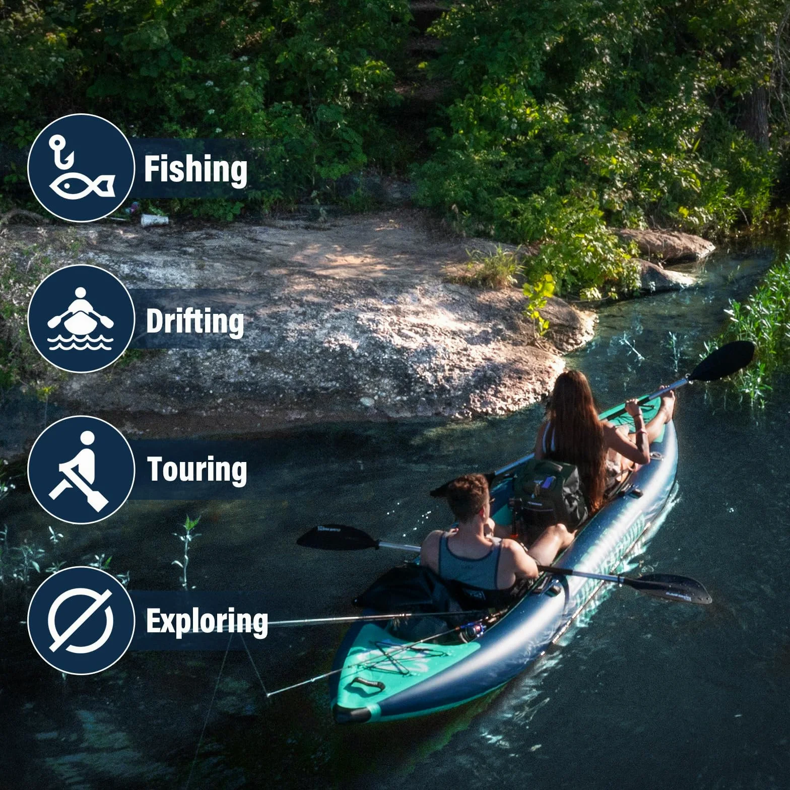 TIGERXBANG Kayak inflable para 2 personas, kayak de turismo de 420 cm para adultos y niños con asiento extraíble, paletas dobles, reposapiés, bomba de mano y accesorios