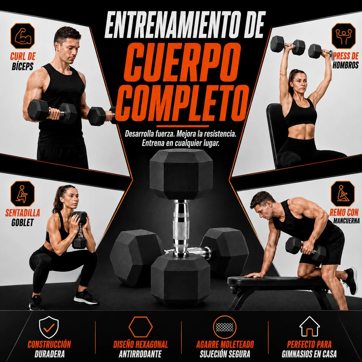 Mancuernas Hexagonales – Set de pesas y mancuernas de hierro fundido con recubrimiento de goma, para mujer y hombre, musculación fitness gimnasio en casa, 1/2/3/4/5/6/8/10 kg (par) y 12.5/15/20 kg