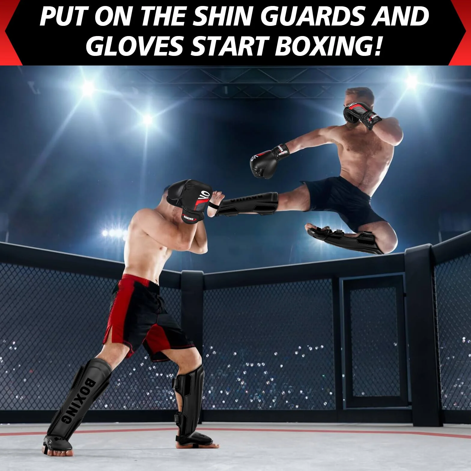 NZQXJXZ Espinilleras de Kickboxing con Guantes de Boxeo 16 oz, Protectores de Piernas Ajustables para Entrenamiento MMA