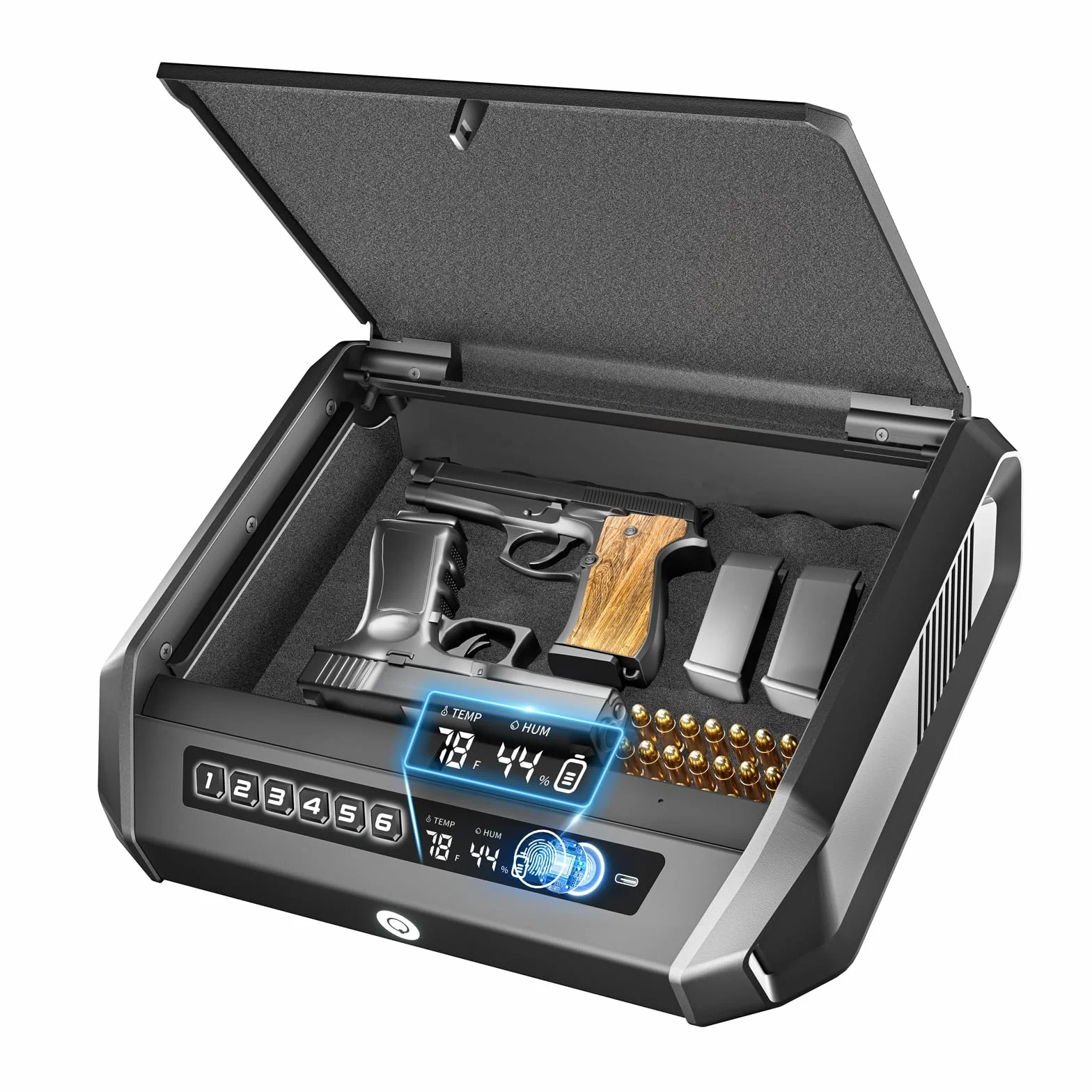 Caja fuerte para armas con pantalla LCD, acceso rápido, huella dactilar, teclado, llave