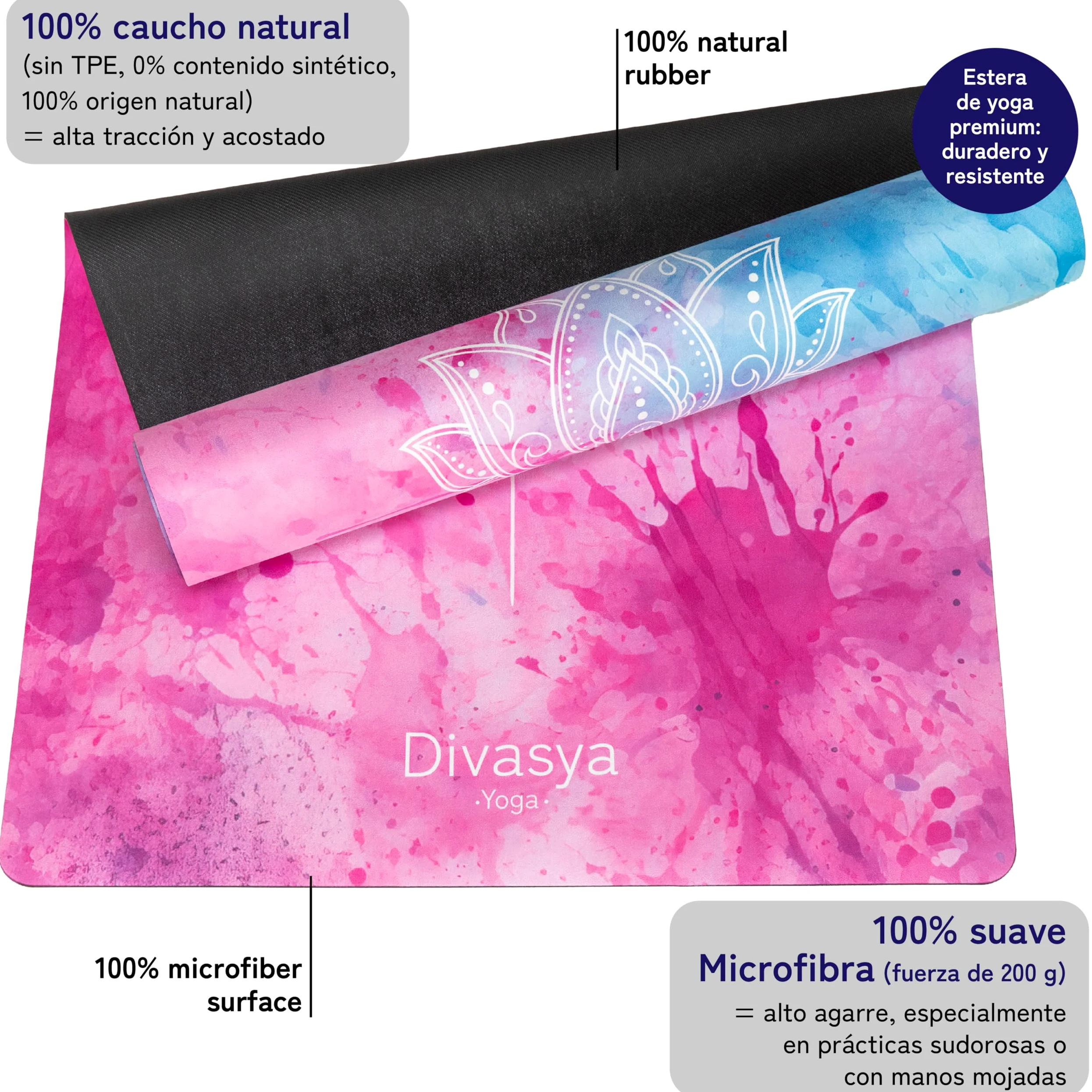 Esterilla de yoga sostenible y antideslizante: caucho natural antideslizante y superficie de microfibra absorbente, extra ancha y gruesa 183 x 68 x 0,5 cm, correa de transporte