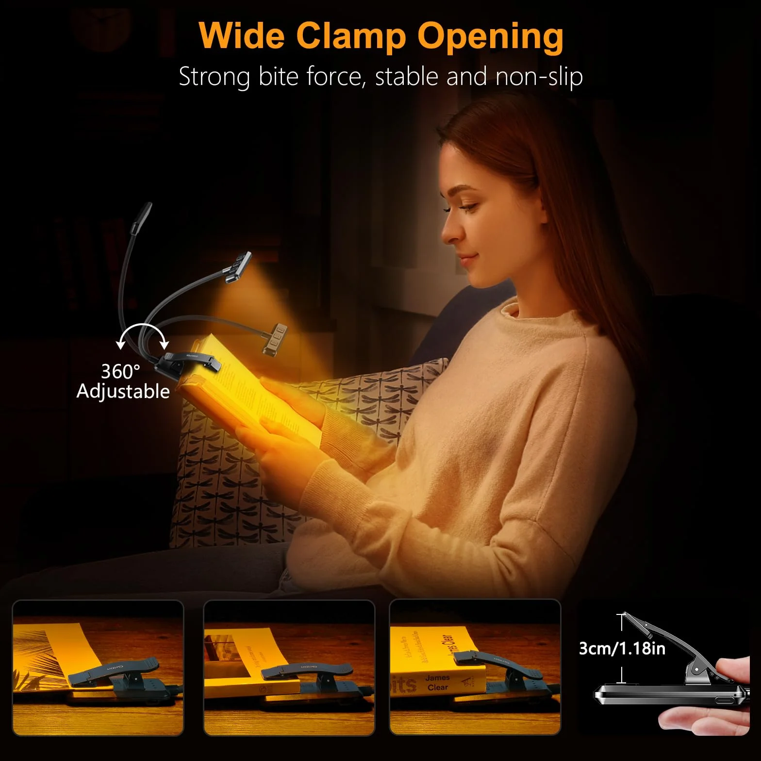Gritin 19 LED Lámpara de Lectura USB Recargable 360° Flexible 3 Modos de Iluminación Protección Ocular Atenuación Continua