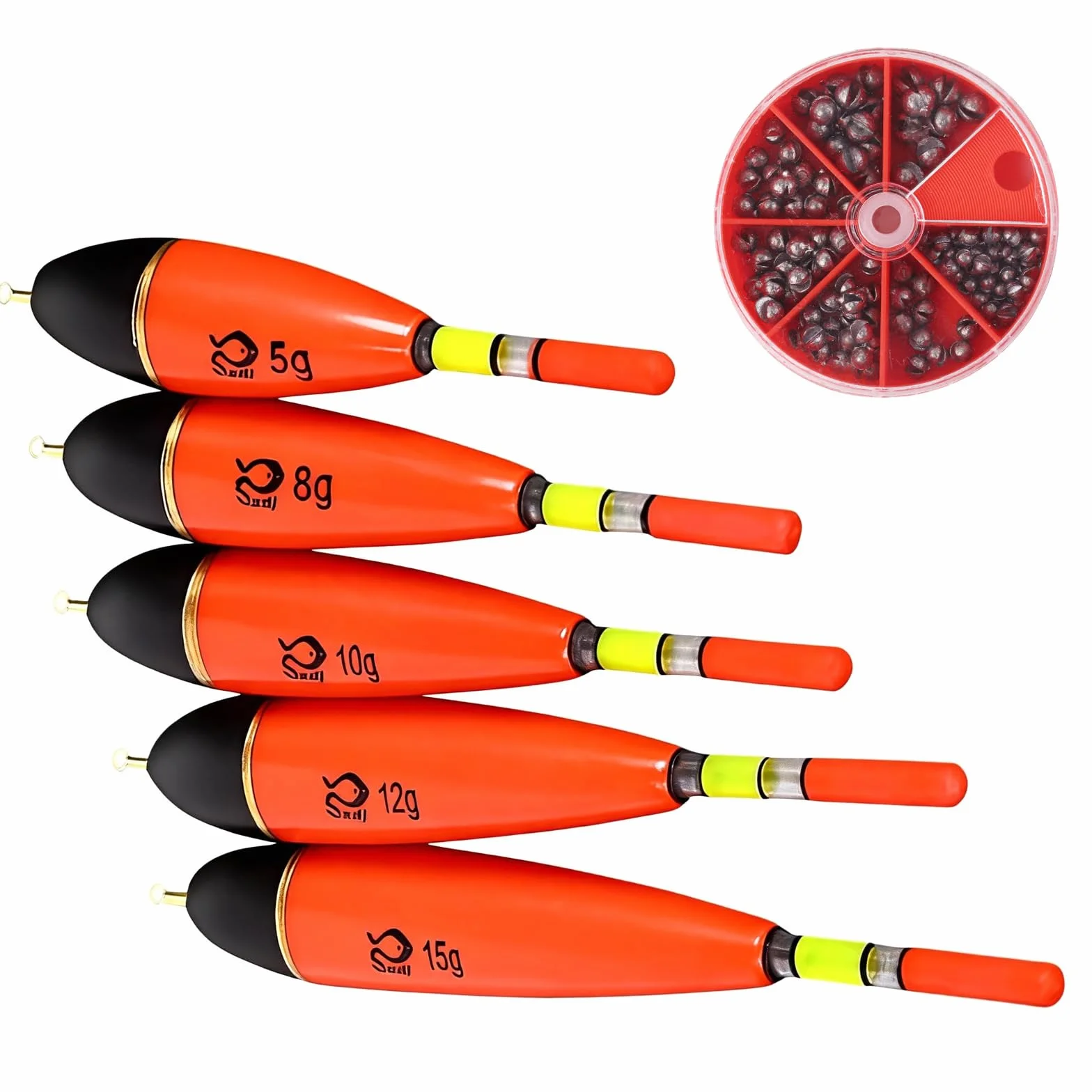 6 Piezas Juego de Flotadores De Pesca con Caja De Plomo, 5g 8g 10g 12g 15g Flotador Luminoso Brillante, Pesca ASccesorios para Diferentes Tipos De Peces como Trucha, Anguila, Carpa