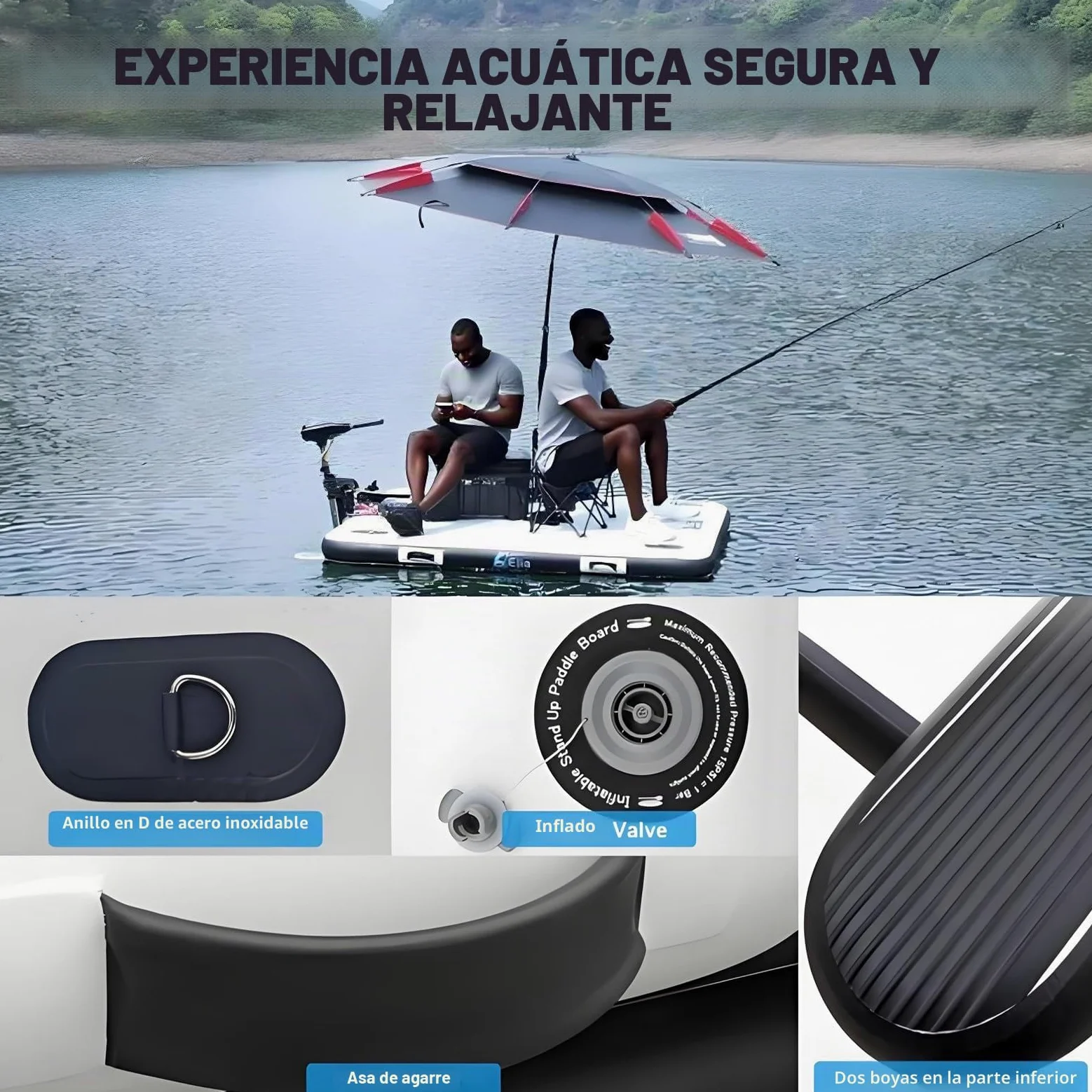 Pontón flotante inflable de alta capacidad 200 kg espesor 30 cm con hélices para pesca y actividades acuáticas al aire libre