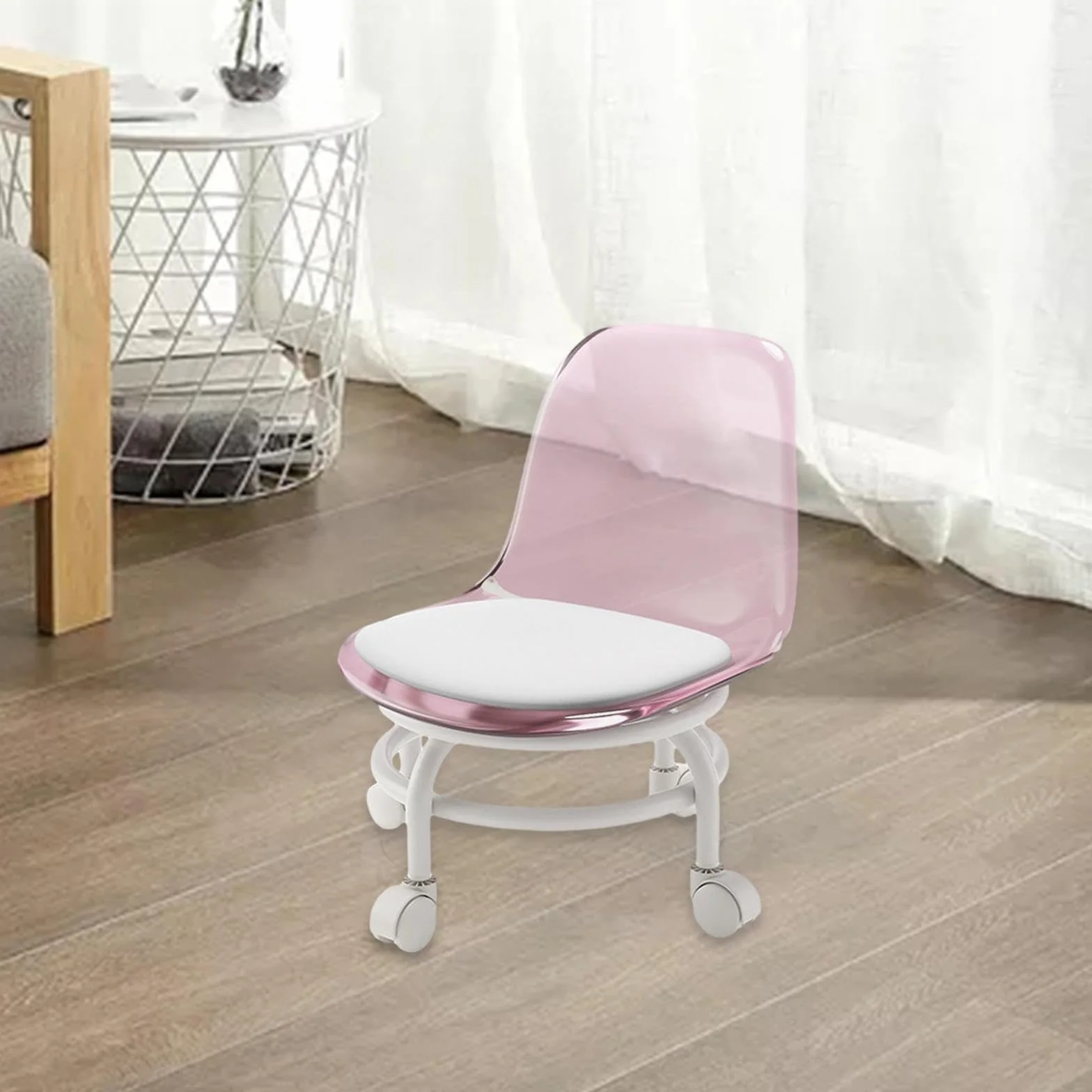 Taburete móvil con Respaldo Giratorio 360 Grados para Limpieza y Pedicura Rosado