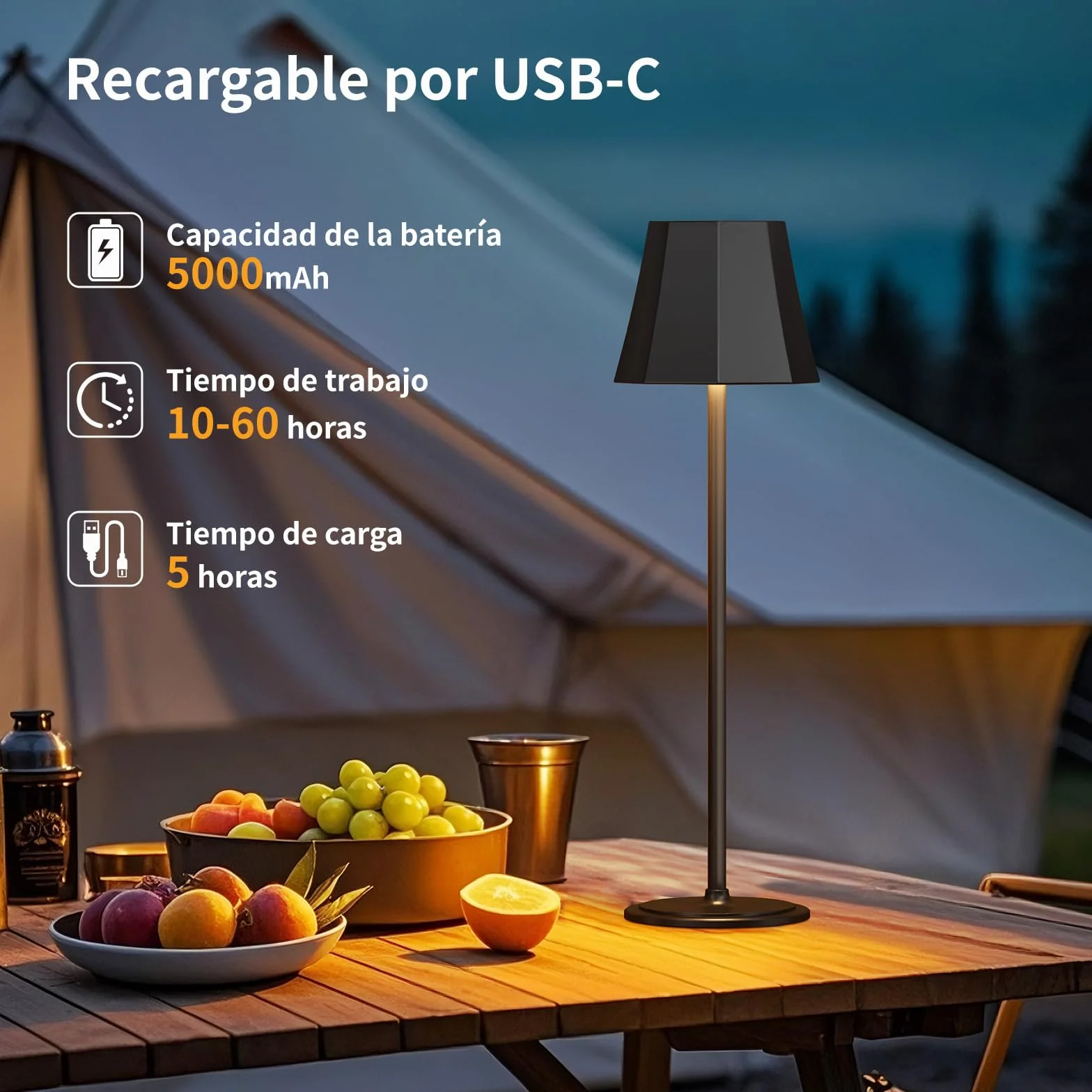 Suright Lámpara de Mesa Sin Cable 3 Temperaturas de Color RGB Recargable Brillo Ajustable 2 Alturas IP54 Impermeable