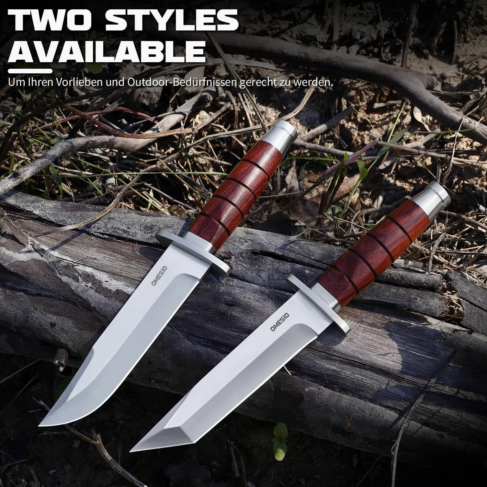 Omesio Cuchillo Outdoor Hoja Fija 5Cr14MoV con Funda de Cuero | Mango de madera maciza con funda de cuero, ideal para camping, senderismo y actividades al aire libre.