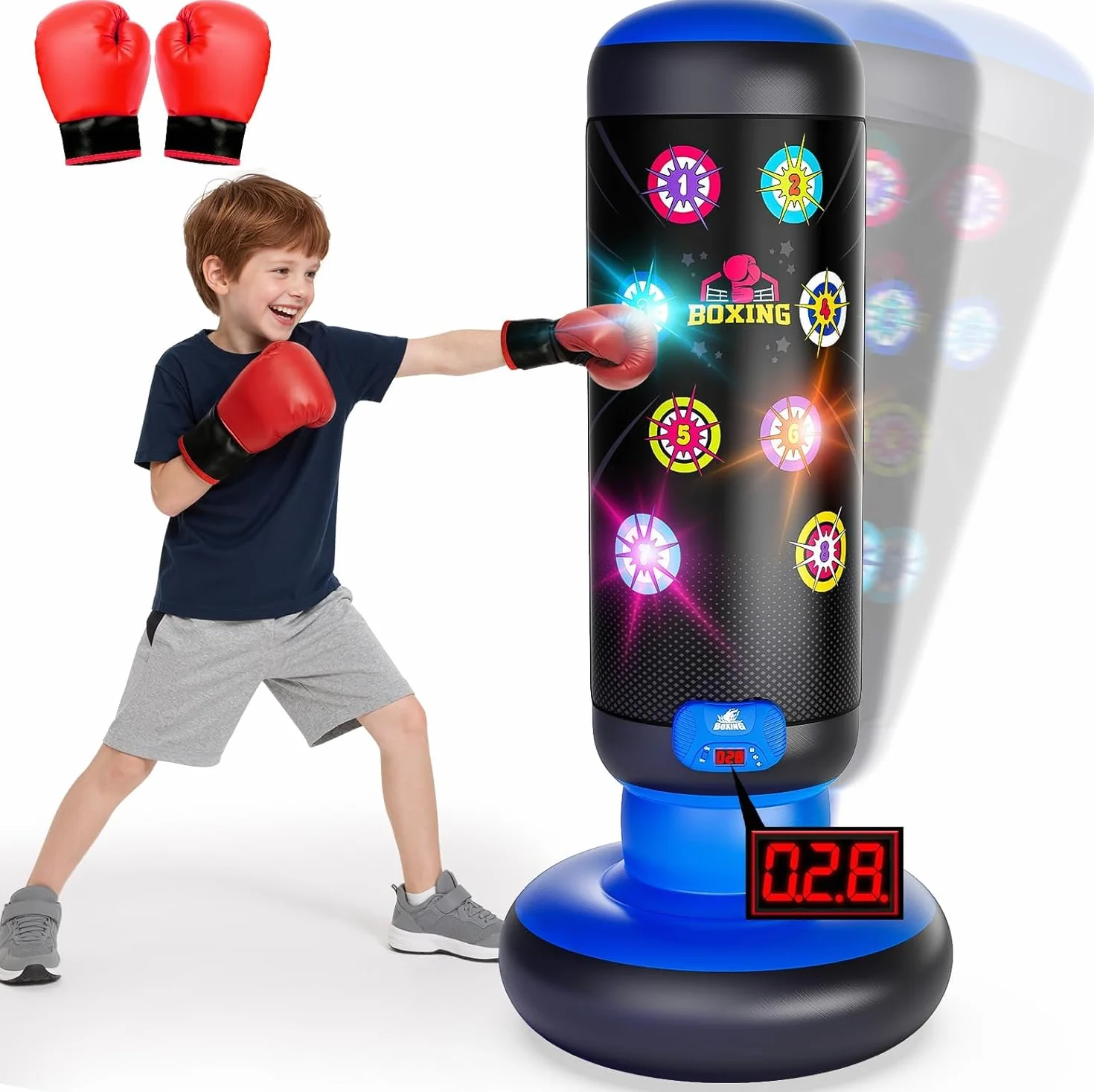 Saco de Boxeo para Niños con Música y Luz, Bolsa de Boxeo Inflable Interactiva, Guante de Boxeo Incluido, Azul