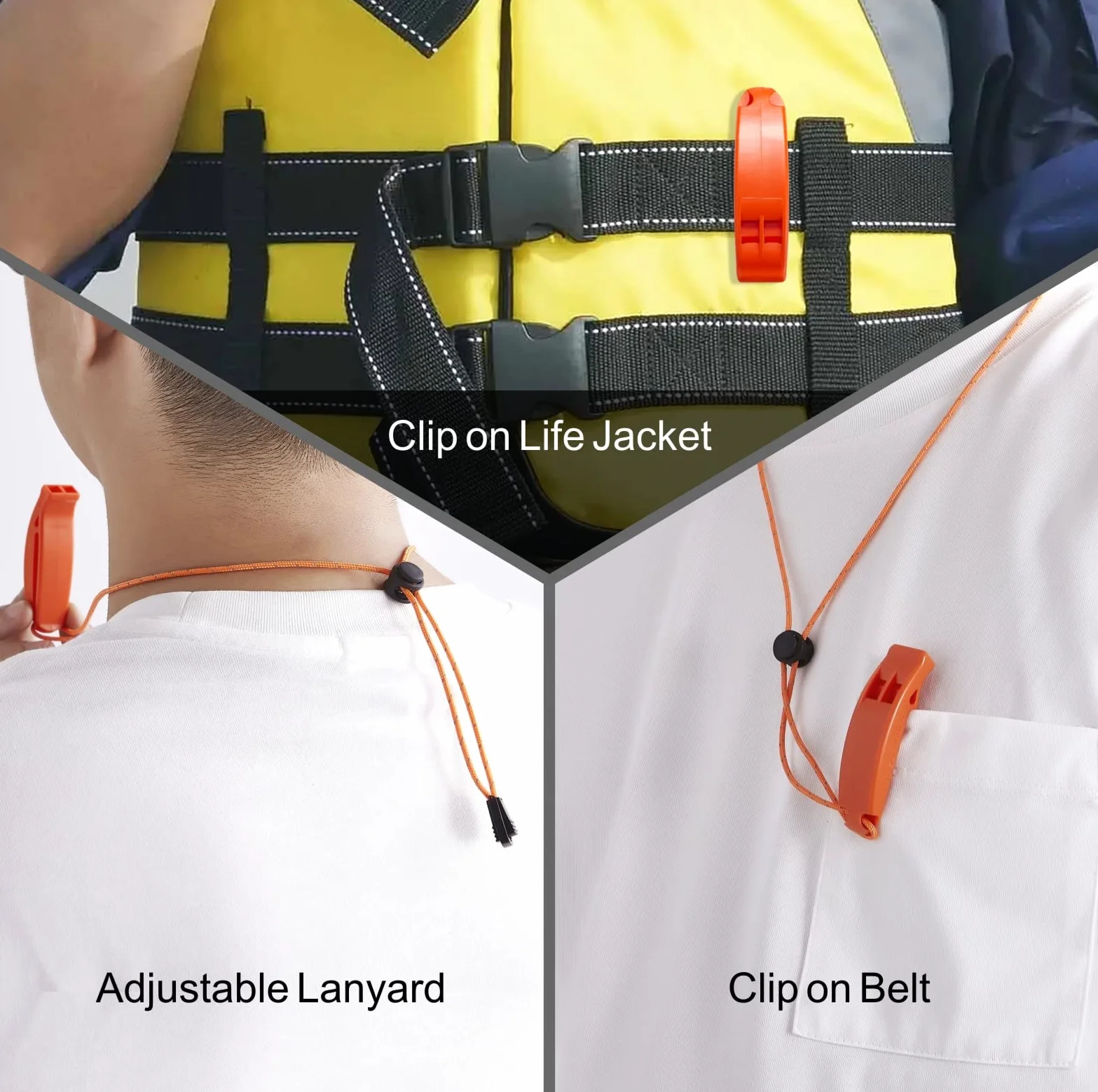 Silbatos de emergencia con cordón, tres tubos, silbatos de seguridad, paquete de 2 y 1 paquete de silbato de supervivencia de plástico para kayak, senderismo, camping, barco, al aire libre