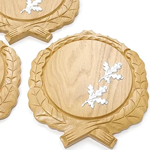 GTK - 3 placas de cuña talladas de roble claro AF 17,5 cm con 6 hojas de aluminio de roble, cubierta para cuñas, tabla de especias, cartel para trofeos