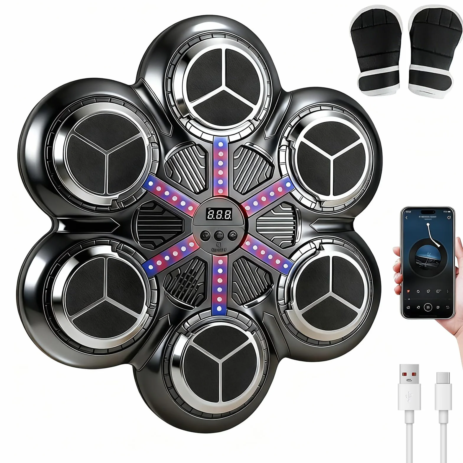 Máquina de Boxeo Musical LED con Guantes, 3 Modos Entrenamiento Bluetooth, Conteo Inteligente para Pared