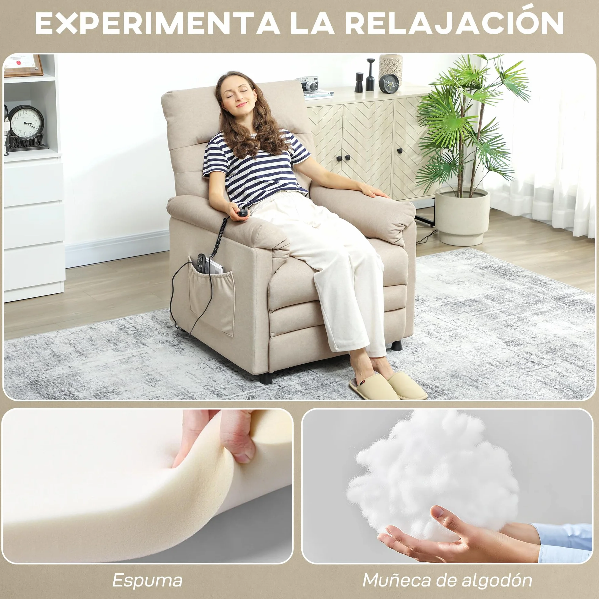 HOMCOM Sillón Relax Reclinable Eléctrico con Calor Lumbar y Masaje Vibración, Beige