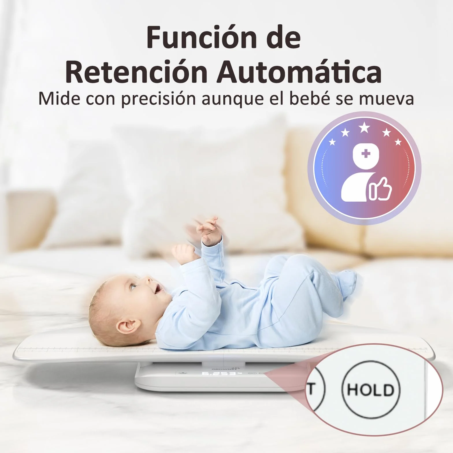Grownsy Báscula Bebé Digital 150 kg 5 Modos de Pesaje LED Función de Retención Medición de Altura 70 cm