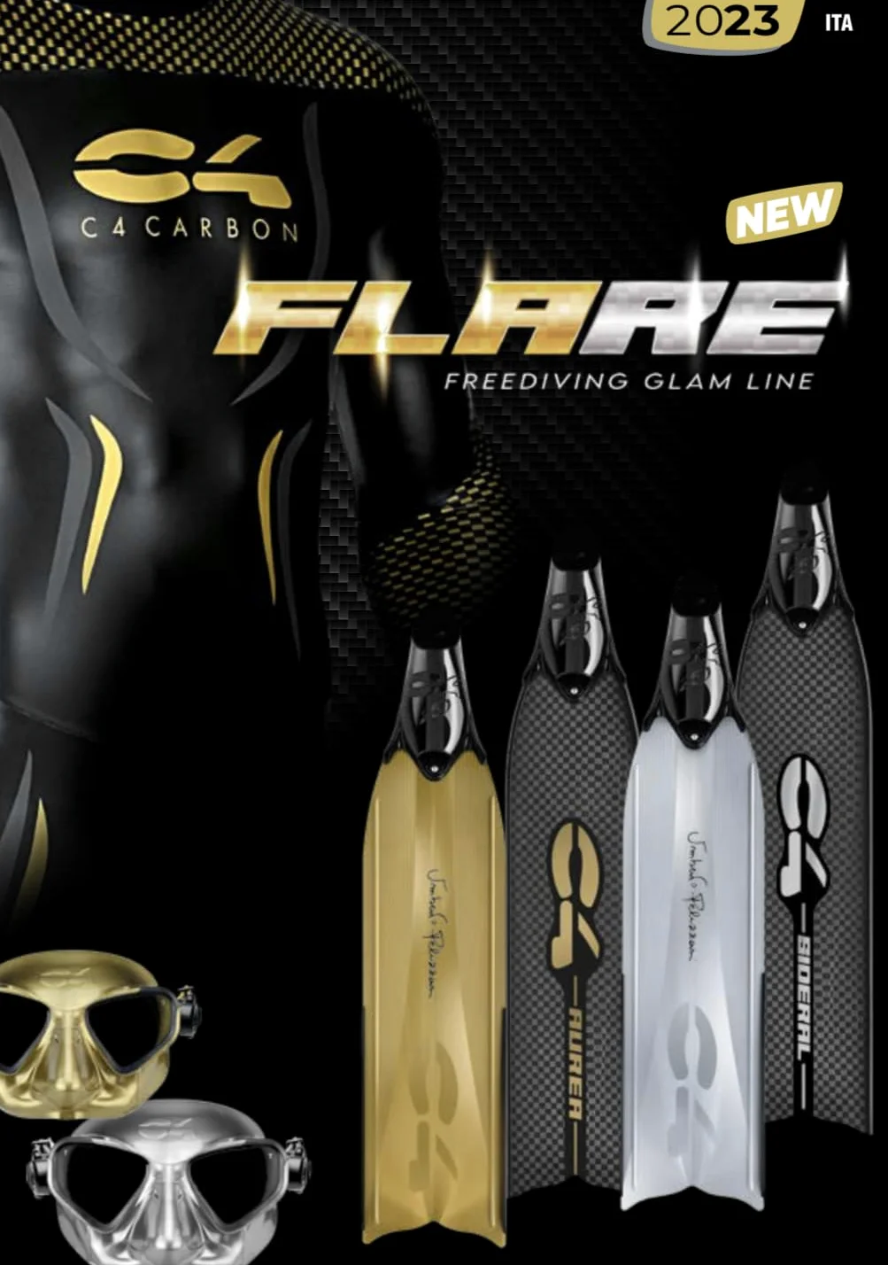 C4 Umberto Pelizzari - Línea Flare Freediving Glam - Aletas - Máscaras - Snorkel Sideral y Aurea Apnea Pesca Subacuática