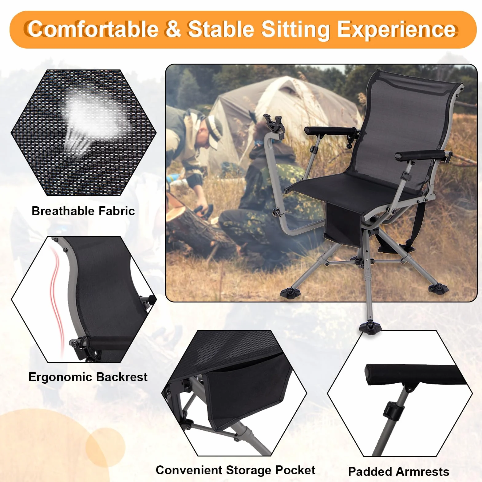 KOMFOTTEU Silla de Caza Giratoria 360°, Silla Plegable de Exterior con Soporte para Rifle Ajustable y Patas Ajustables, Asiento de Francotirador con Bolsillo de Transporte, Carga 150 kg (Modelo I)