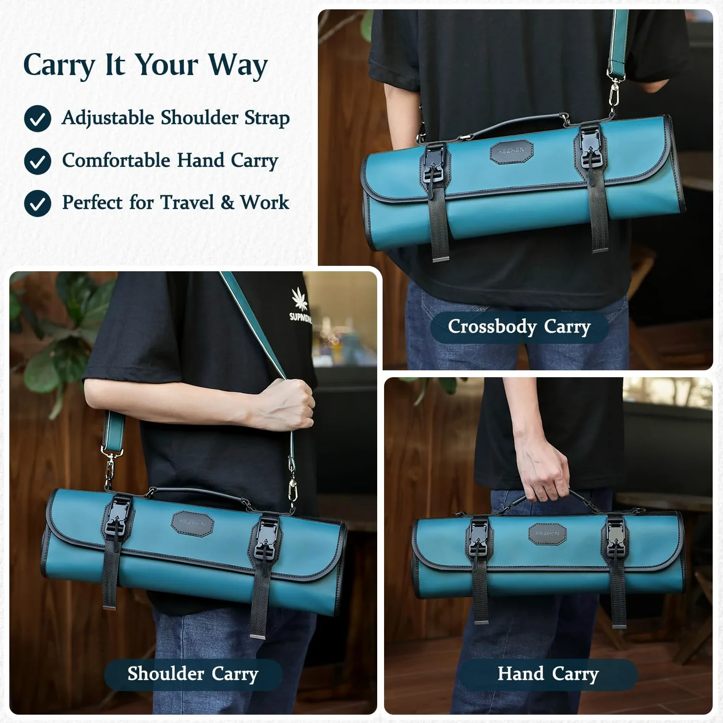 HEZHEN Bolsa para Cuchillos Profesional de Cuero(Sin Cuchillo)-Verde | Microfibra de Cuero,Correa Ajustable,9 Ranuras & 5 Bolsillos con Cremallera,Solapa Protectora-Viaje y Almacenaje