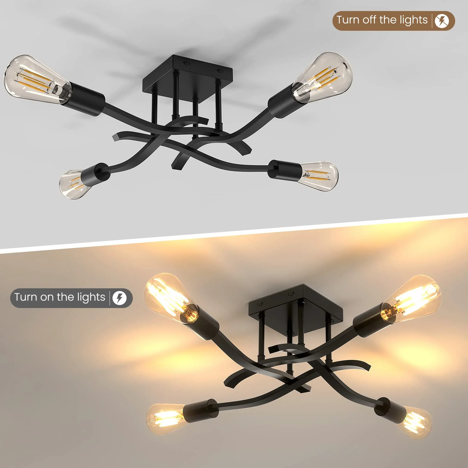 Lámpara de Techo Industrial Vintage 4 Luces E27 Negro Araña Retro