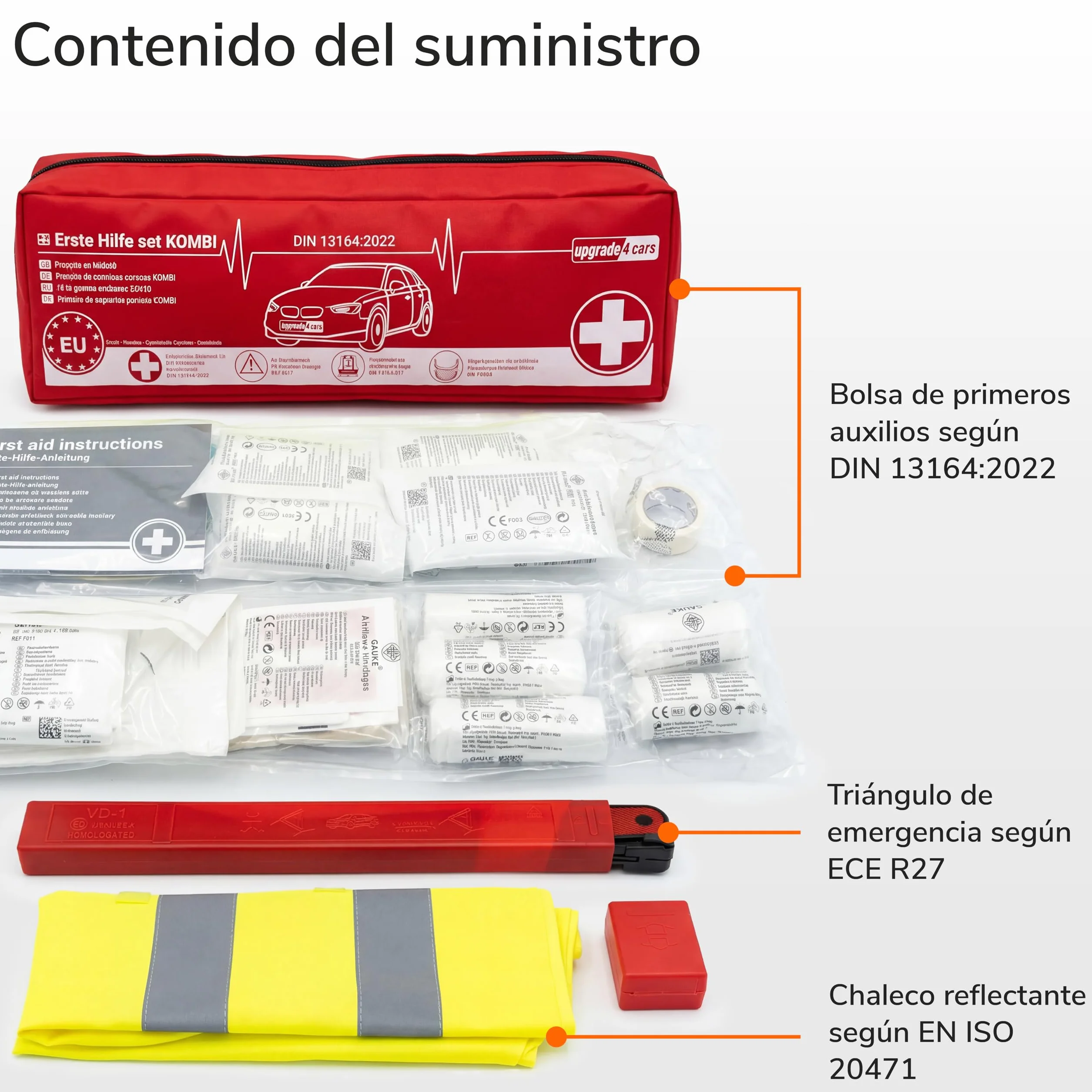 Upgrade4cars Botiquín de Primeros Auxilios Coche 2026 Triángulo Emergencia Chaleco Reflectante DIN 13164