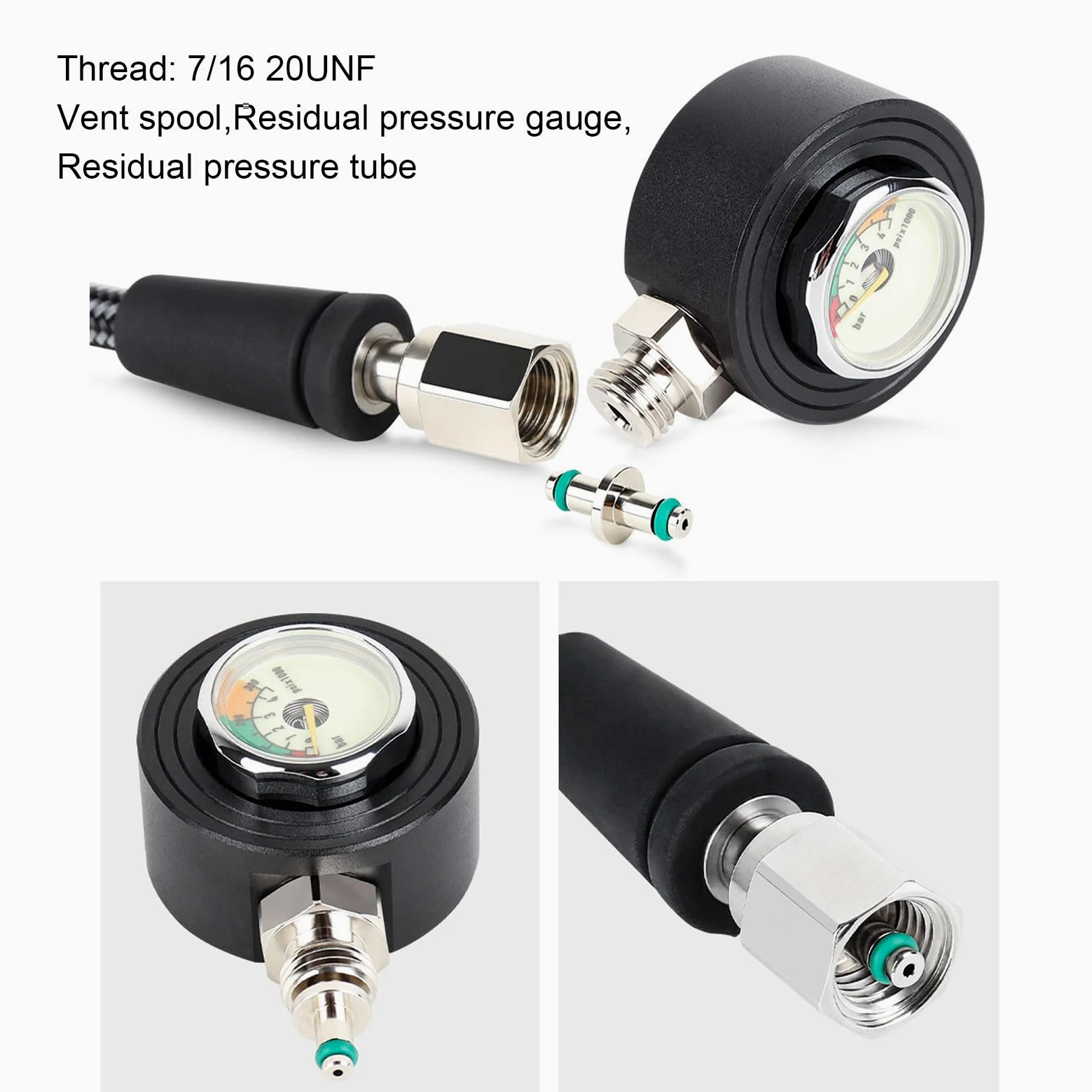aqxreight Manómetro de Buceo, Instrumento Sumergible Profesional con Rotación de 360 ​​Grados y Pantalla Luminosa, Manguera de Fibra de Carbono y Construcción de Aleación de Aluminio, Compatible con