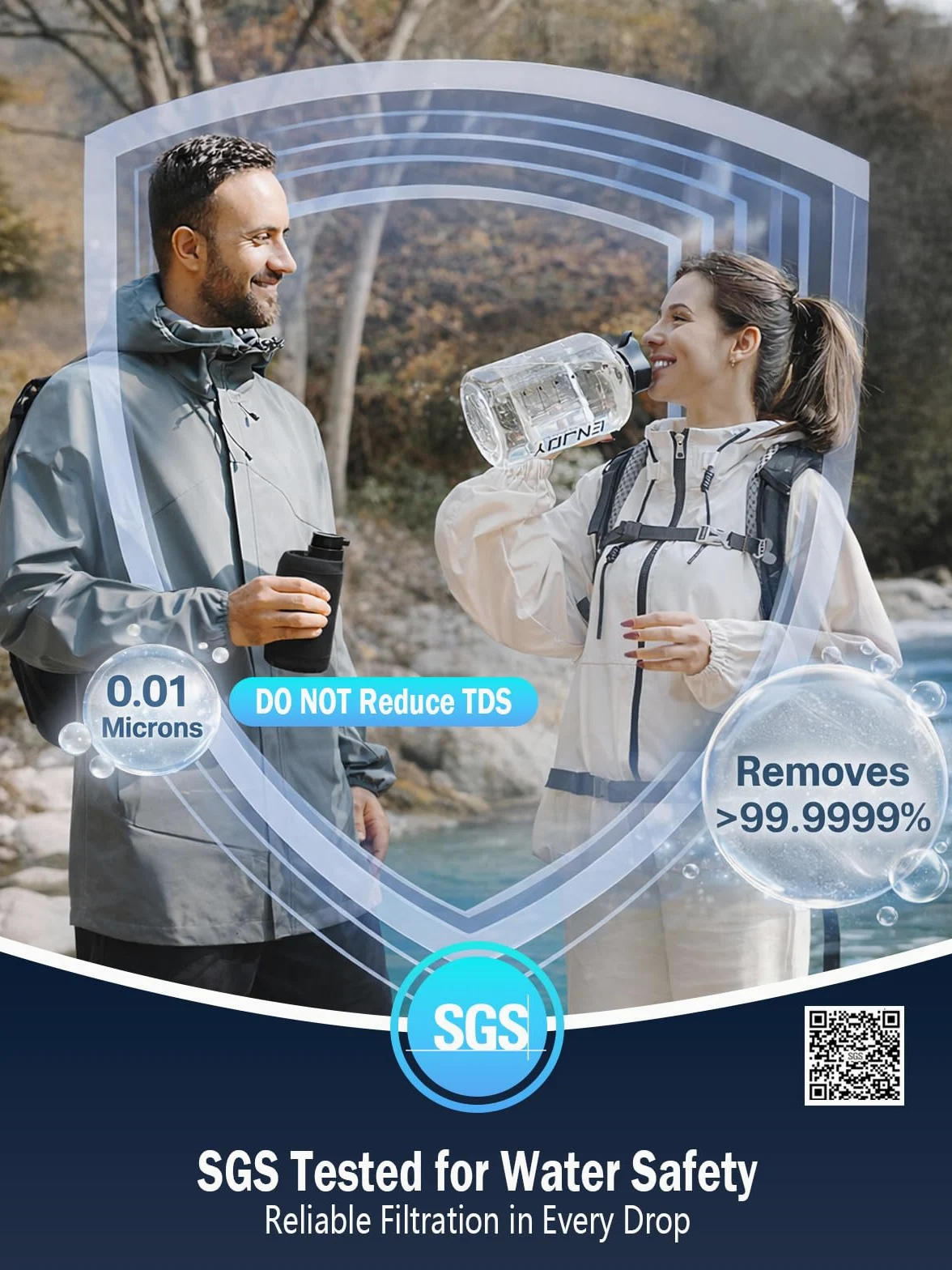 BKLES Filtro de agua eléctrico para camping, purificador de agua portátil para supervivencia, sistema de filtración de 6 etapas de 0,01 micras con luz de emergencia para senderismo, mochileros y uso