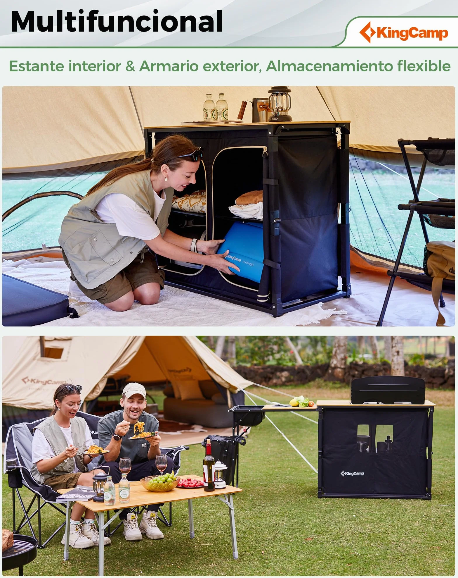 KingCamp Cocina de Camping con Fregadero – Cocina Exterior bambú/Aluminio, Mueble Plegable con Soporte lámpara, Almacenamiento y Protector Viento, Ideal para Camping, Picnic y Barbacoa