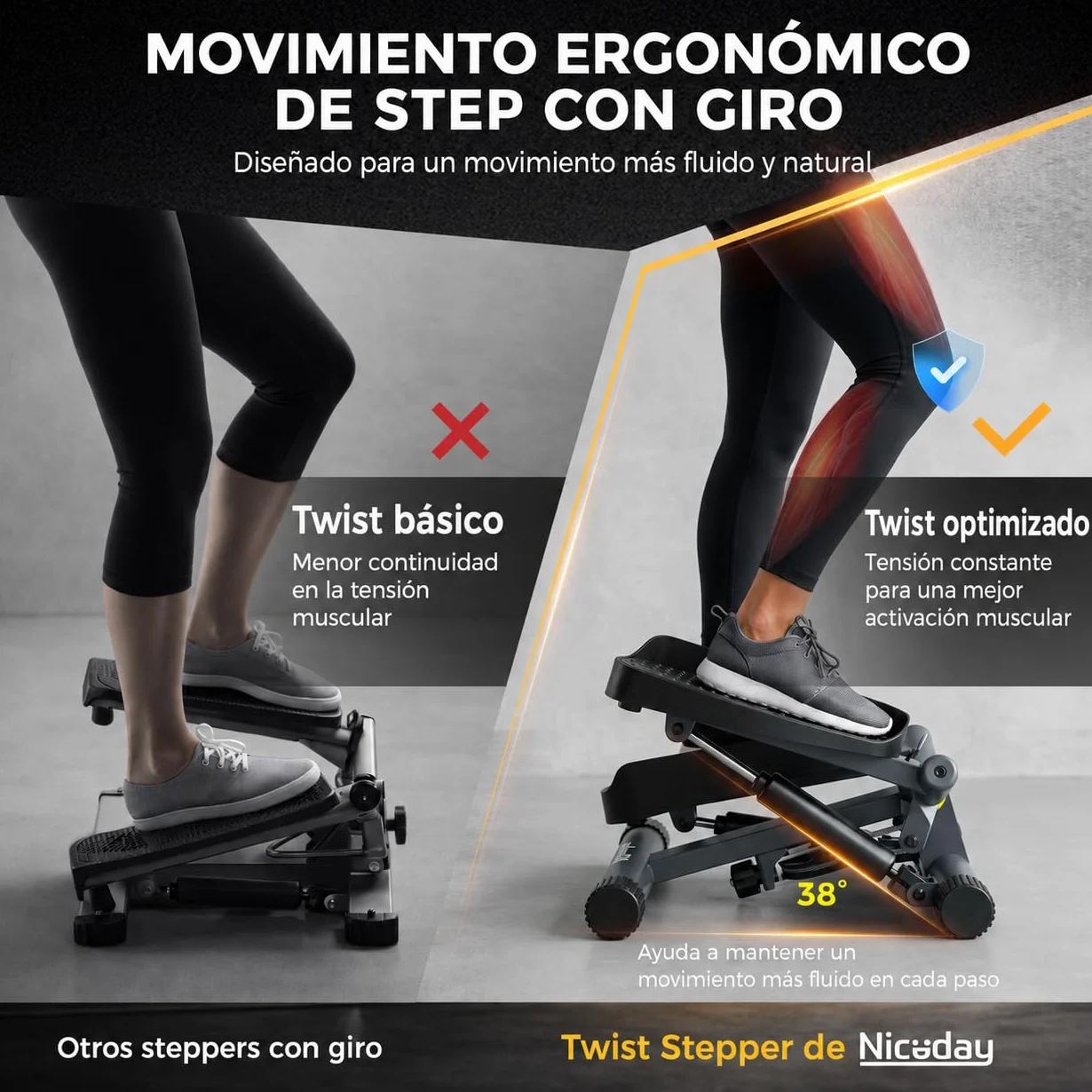 Niceday Twist Stepper Fitness Casa, Swing Stepper con Cuerdas Elásticas, Mini Stepper 2 en 1 con Pantalla LCD, Entrenador de Piernas y Brazos hasta 100 kg, Ideal para Ejercicio en Casa.