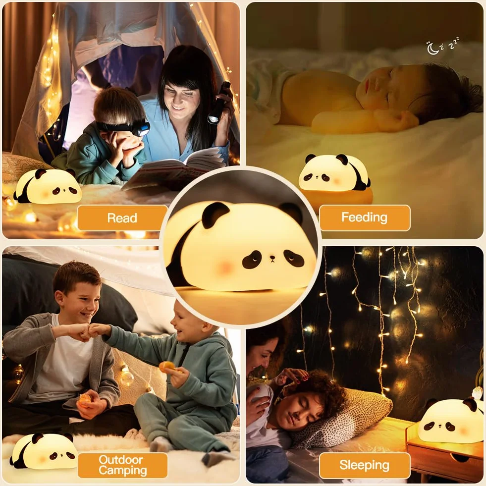 Luz Nocturna Infantil Panda de Silicona, Ajustable 3 Niveles Brillo 30Min Temporizador, USB Recargable LED Lámpara Regalo Niños