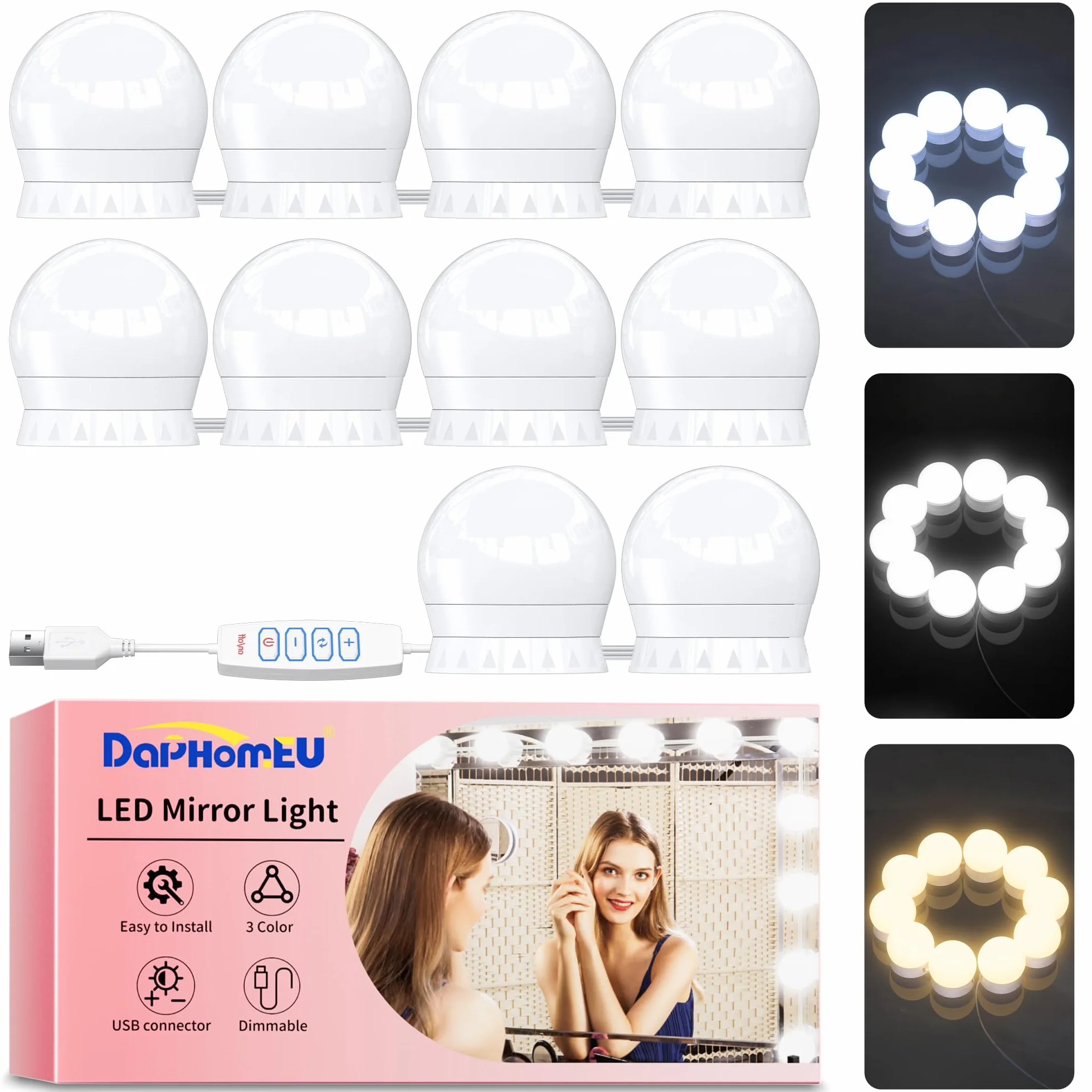 daphomeu LED Espejo Luz 3 Colores, Regulable, Lámpara de Tocador, Espejo Cosmético de Baño