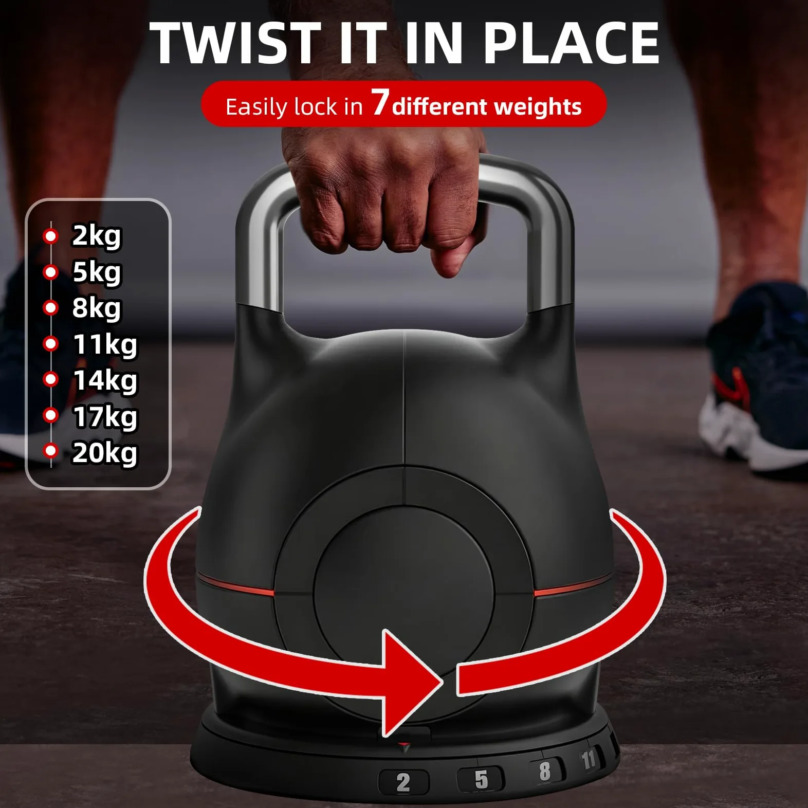 Pesa rusa ajustable, 7 en 1 de 2 a 20 kg, mango de aluminio sólido, ajuste rápido de peso para gimnasio en casa, adecuado para entrenamiento de fuerza de personas en todas las etapas.