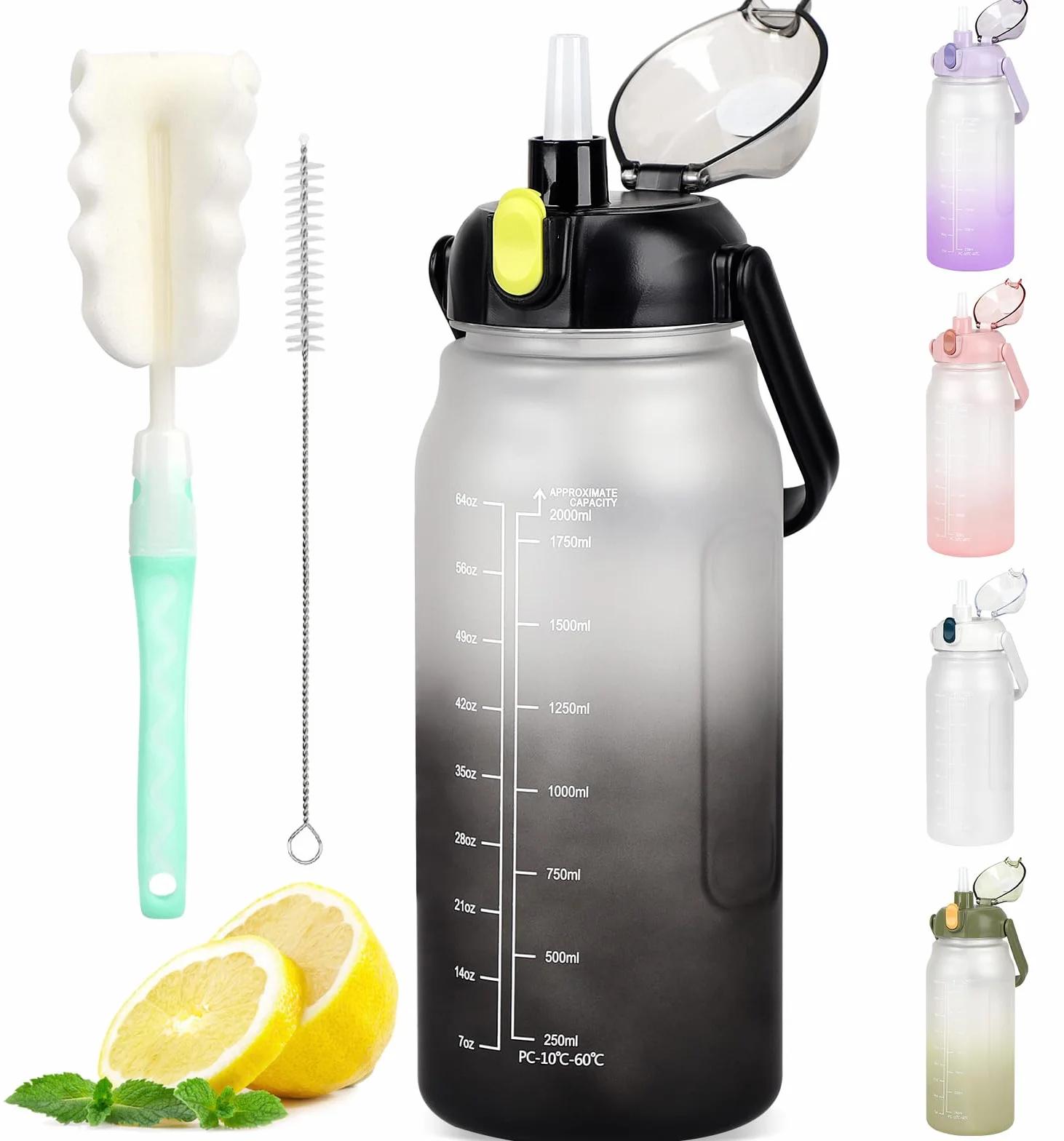 GXCROR Botella de agua de 2 litros con pajita, a prueba de fugas, apta para lavavajillas, marca de tiempo, botella de agua para gimnasio